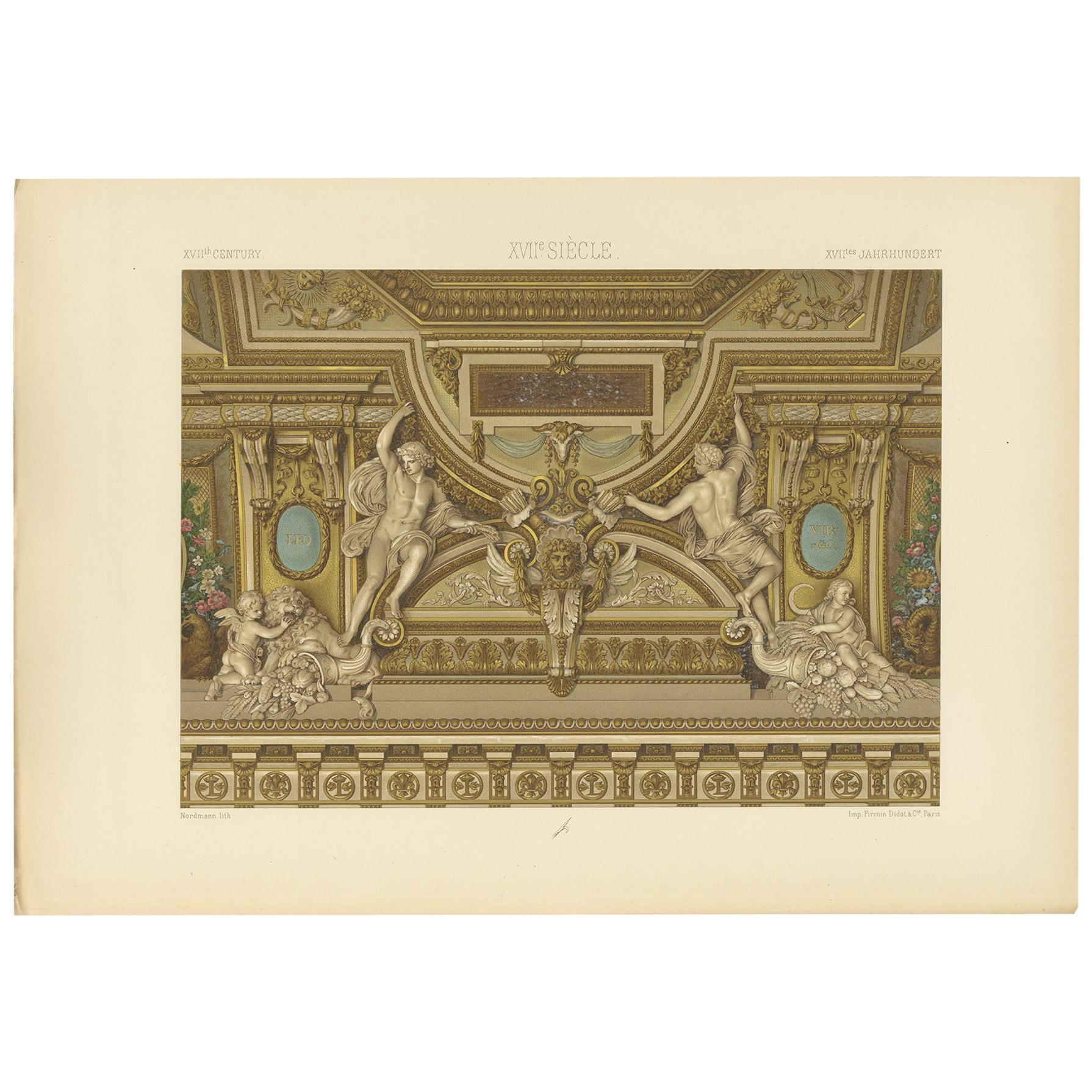 Pl. 106 Antique Print of 17th Century A Carved Ceiling by Racinet, circa 1890 For Sale