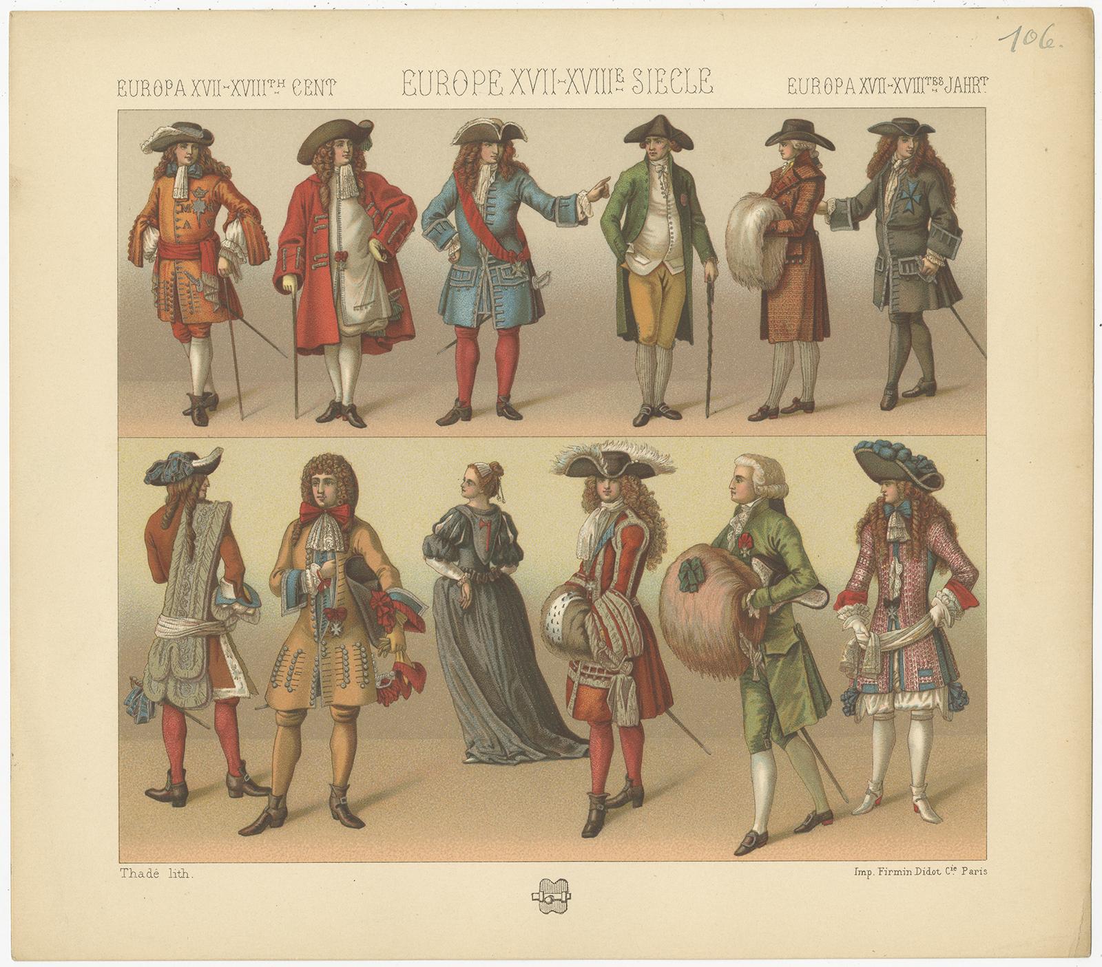 Antique print titled 'Europa XVII, XVIIIth Cent - Europe XVII, XVIIIe Siecle - Europa XVII, XVIIItes Jahr'. Chromolithograph of European 17th-18th century costumes. This print originates from 'Le Costume Historique' by M.A. Racinet. Published circa