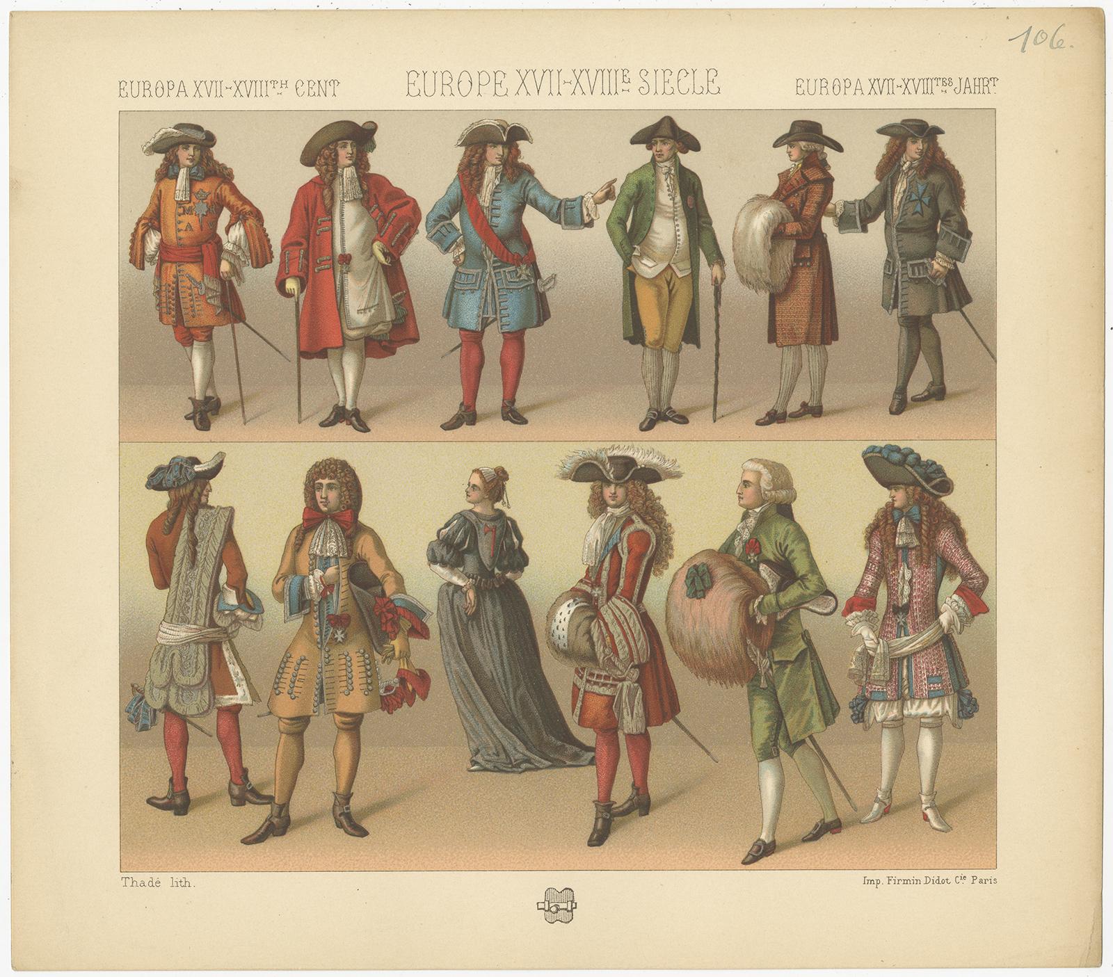 Pl. 106 Grabado antiguo de trajes europeos de los siglos XVII-XVIII por Racinet en Bueno estado para la venta en Langweer, NL