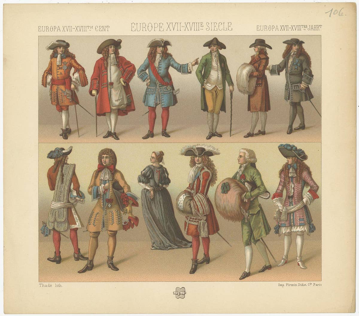 Pl. 106 Antique Print of European XVII-XVIIIth Century Costumes by Racinet