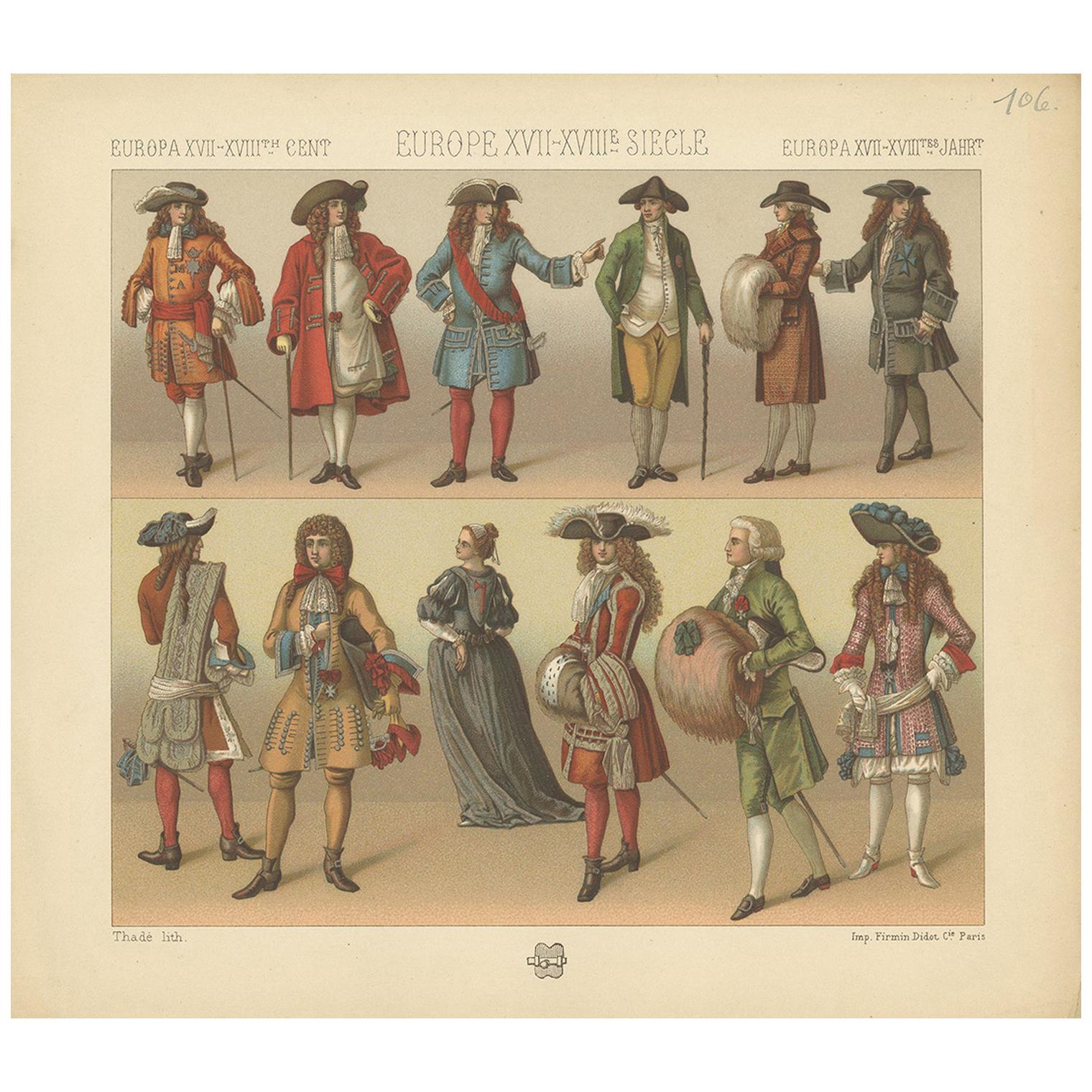 Pl. 106 Antique Print of European XVII-XVIIIth Century Costumes by Racinet For Sale