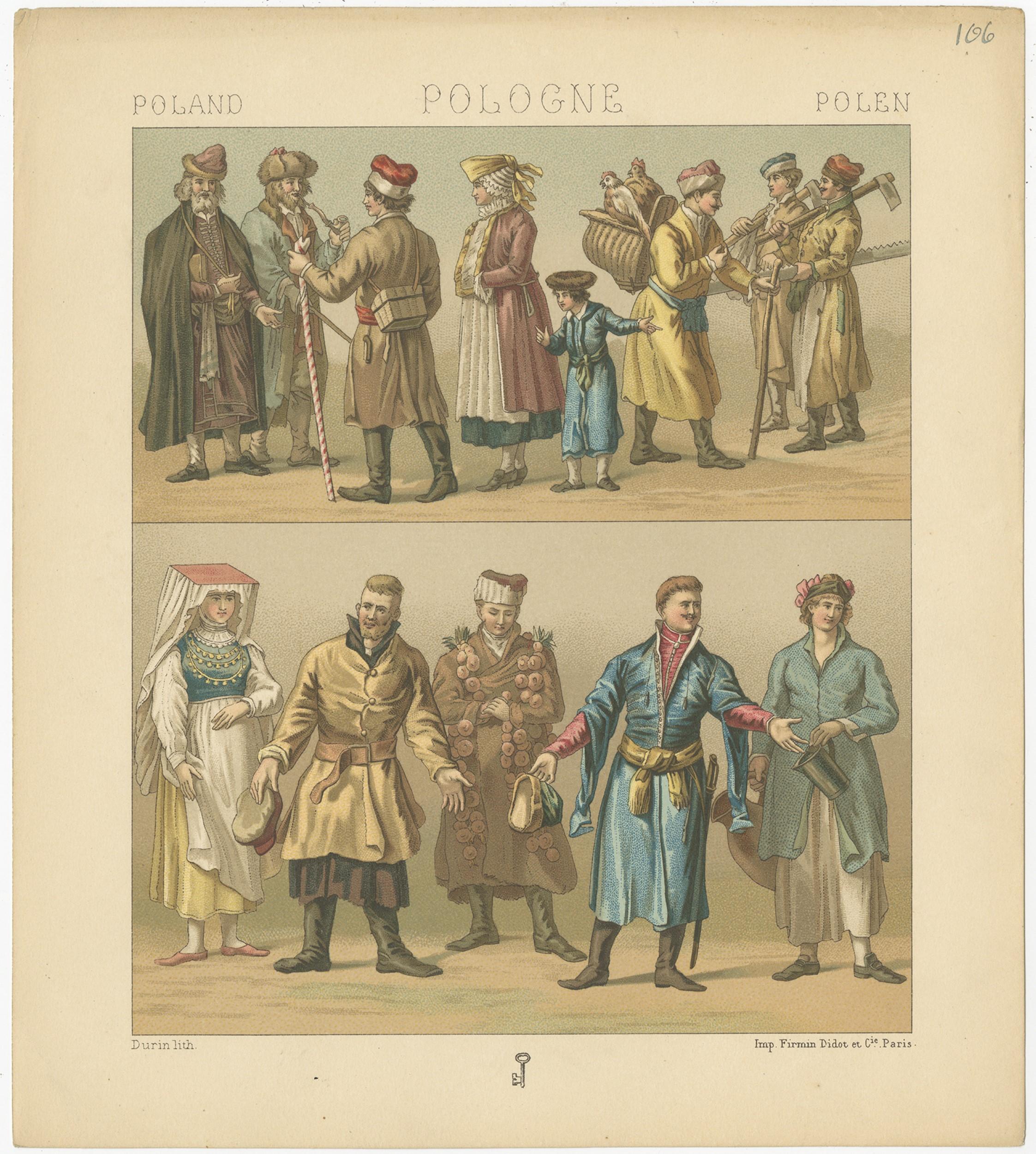 Antique print titled 'Poland - Pologne - Polen'. Chromolithograph of Polish Costumes. This print originates from 'Le Costume Historique' by M.A. Racinet. Published, circa 1880.