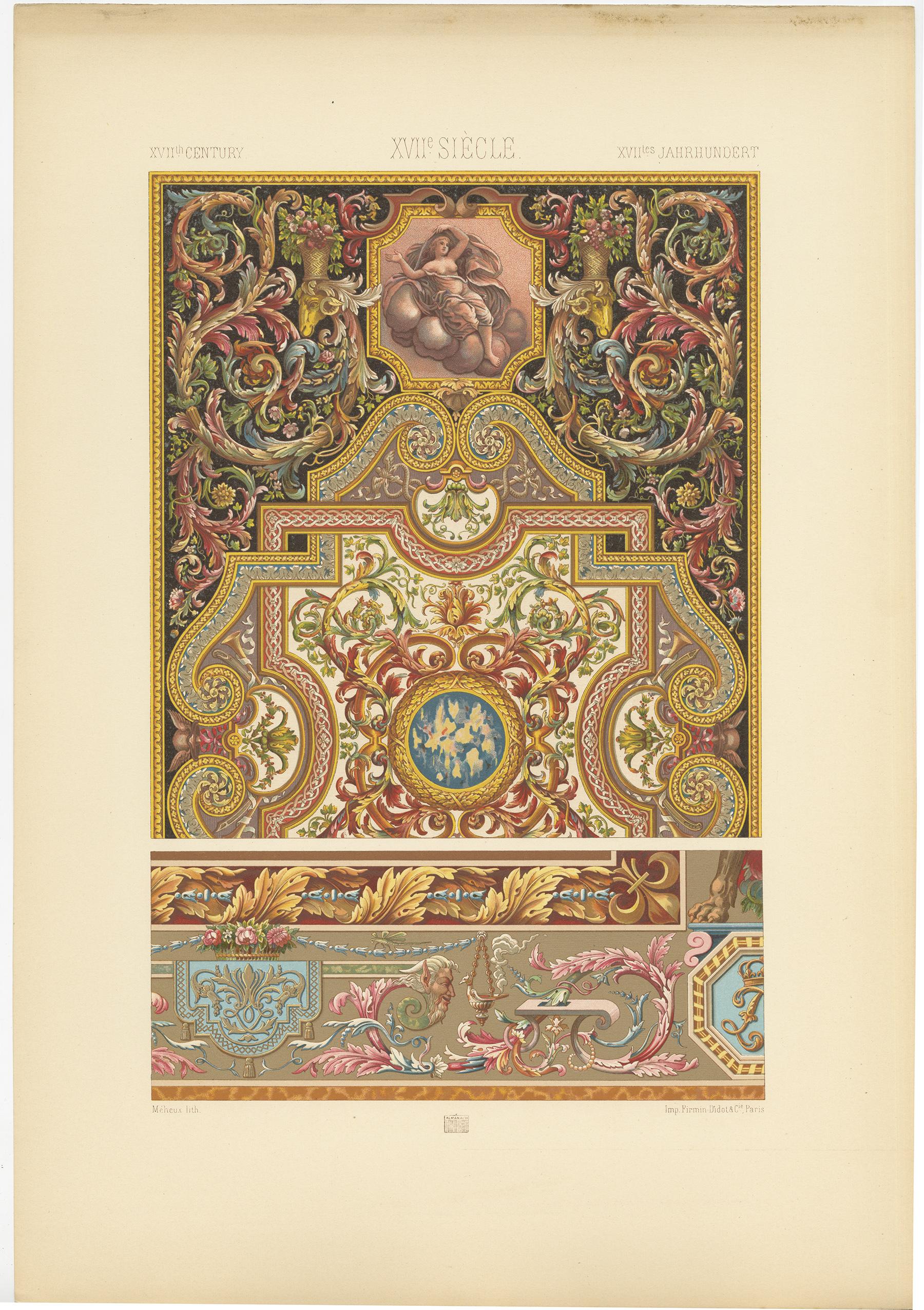 Antique print titled '17th Century - XVIIc Siècle - XVIILes Jahrhundert'. Chromolithograph of Details from a carpet and a wall hanging, France ornaments. This print originates from 'l'Ornement Polychrome' by Auguste Racinet. Published circa 1890.