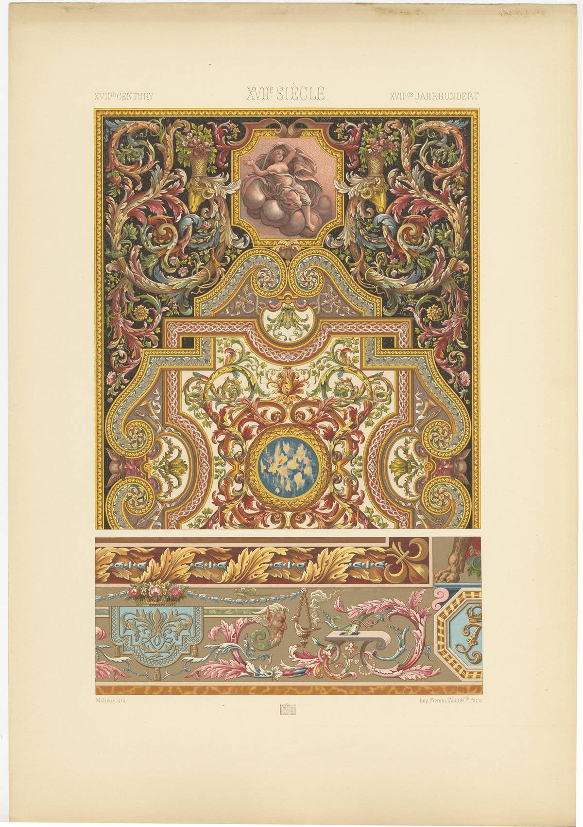 Pl. 107 Antique Print of 17th Century Details from Carpet by Racinet, circa 1890