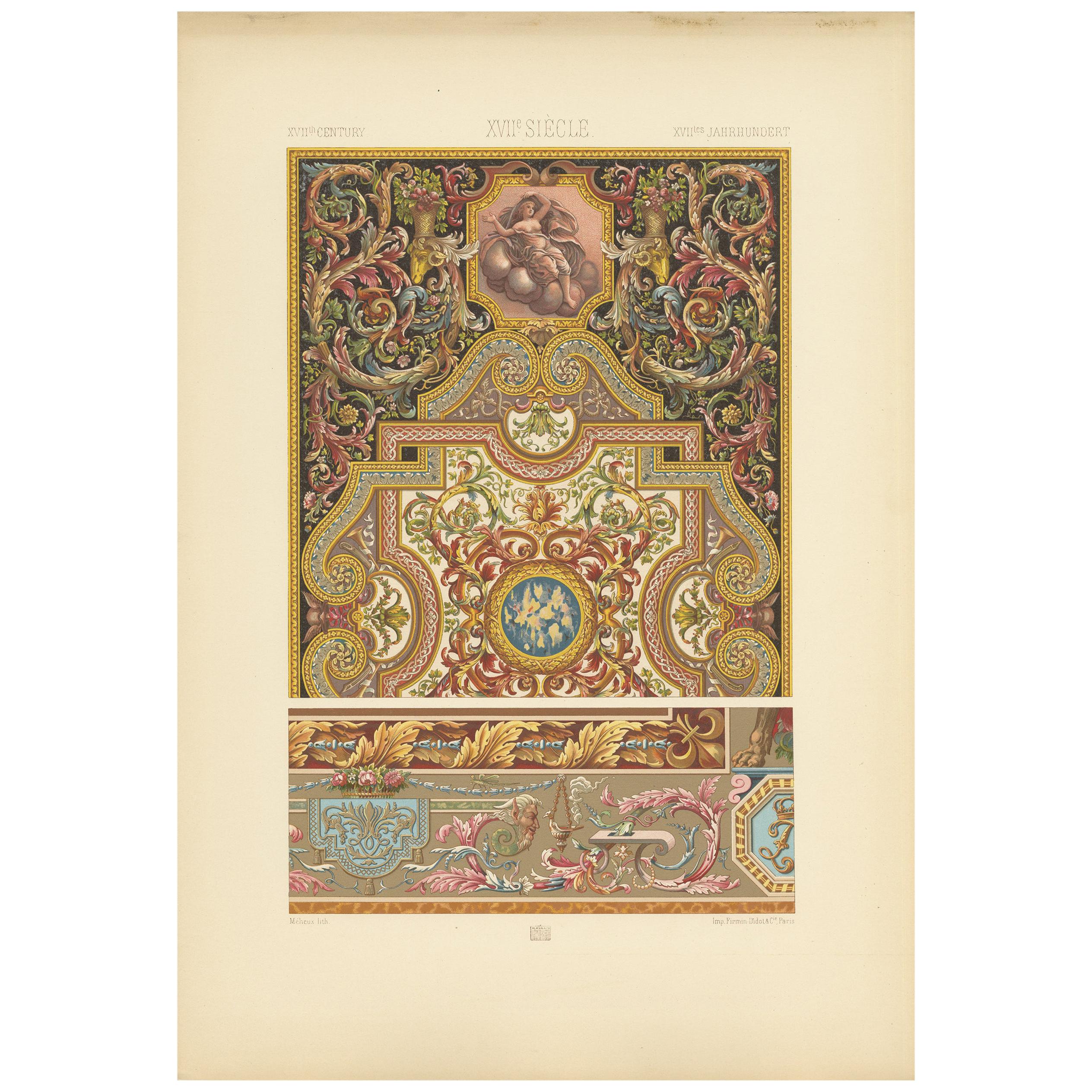 Pl. 107 Antique Print of 17th Century Details from Carpet by Racinet, circa 1890 For Sale