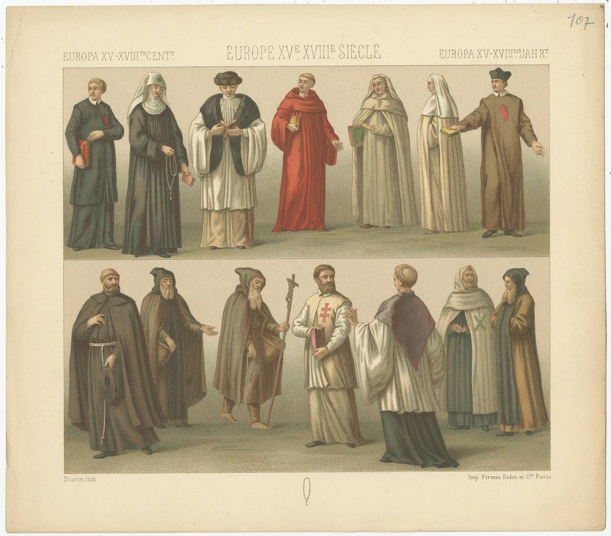 Pl. 107 Antique Print of European 15th-18th Century Ecclesiastes by Racinet