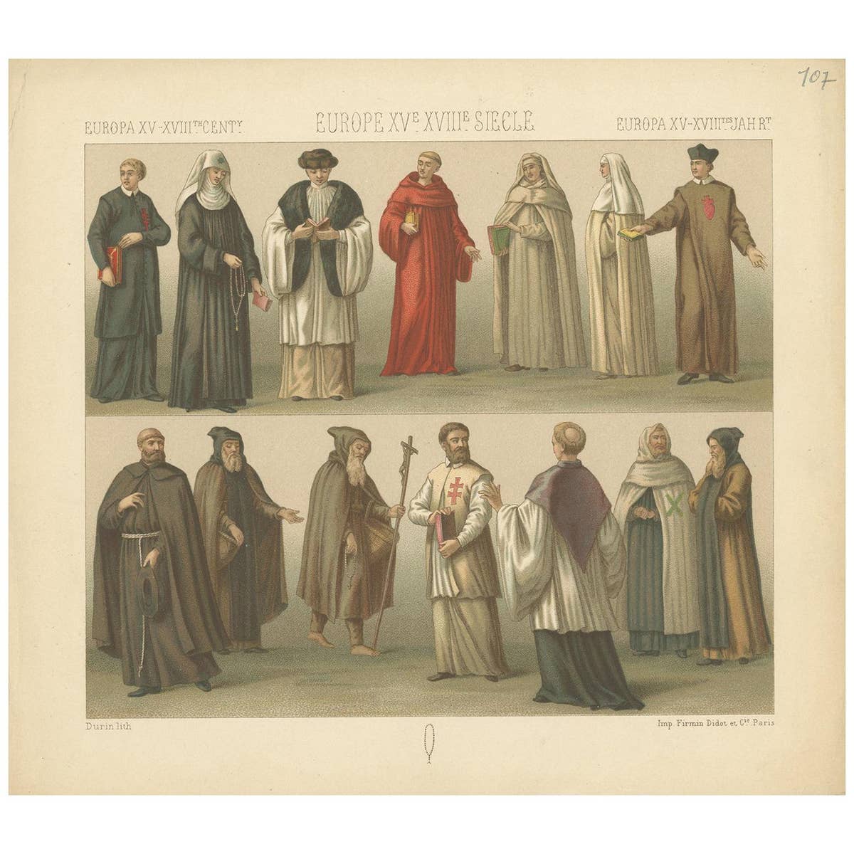 Pl. 107 Antique Print of European 15th-18th Century Ecclesiastes by Racinet