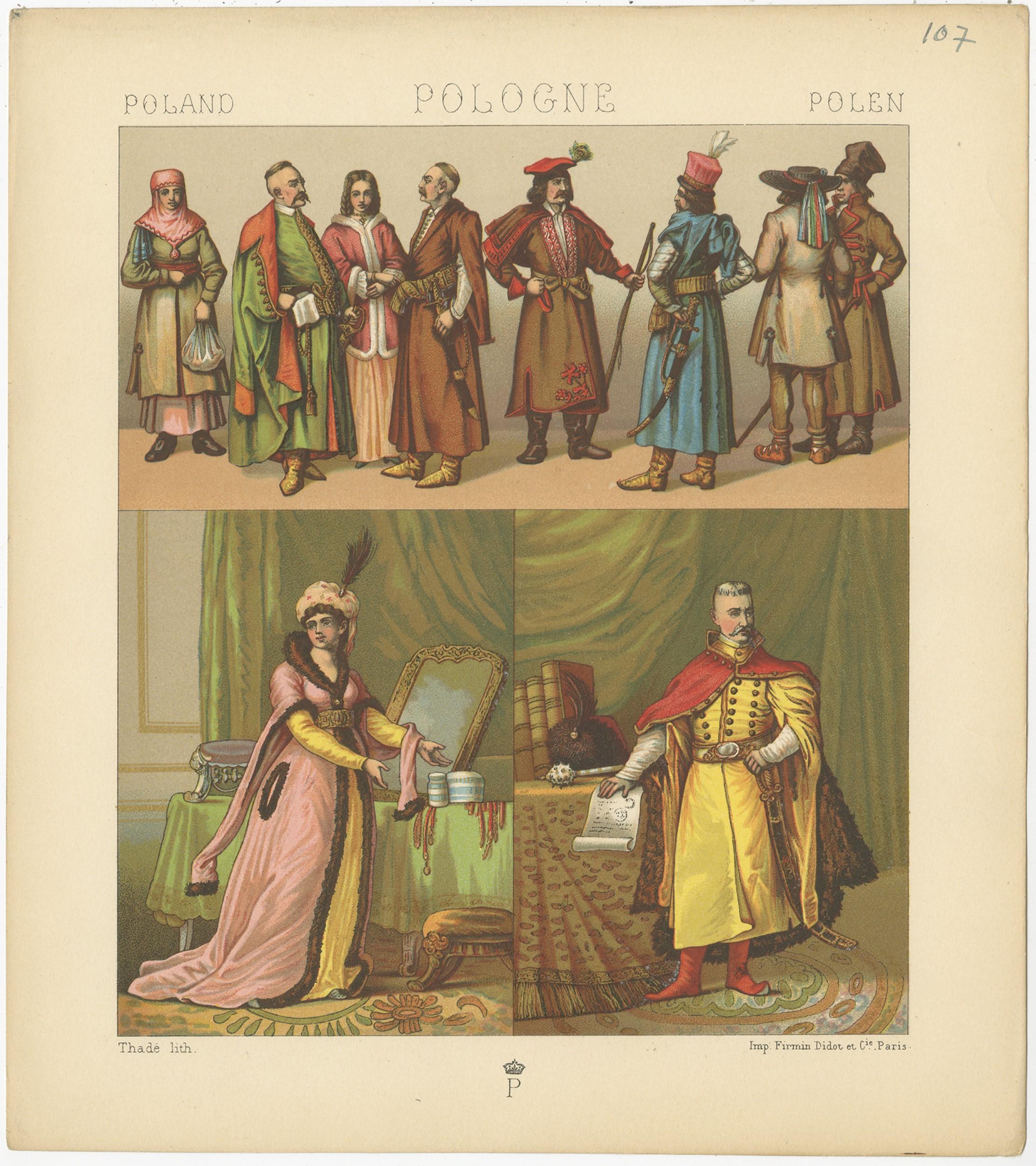 Antique print titled 'Poland - Pologne - Polen'. Chromolithograph of Polish Costumes. This print originates from 'Le Costume Historique' by M.A. Racinet. Published, circa 1880.