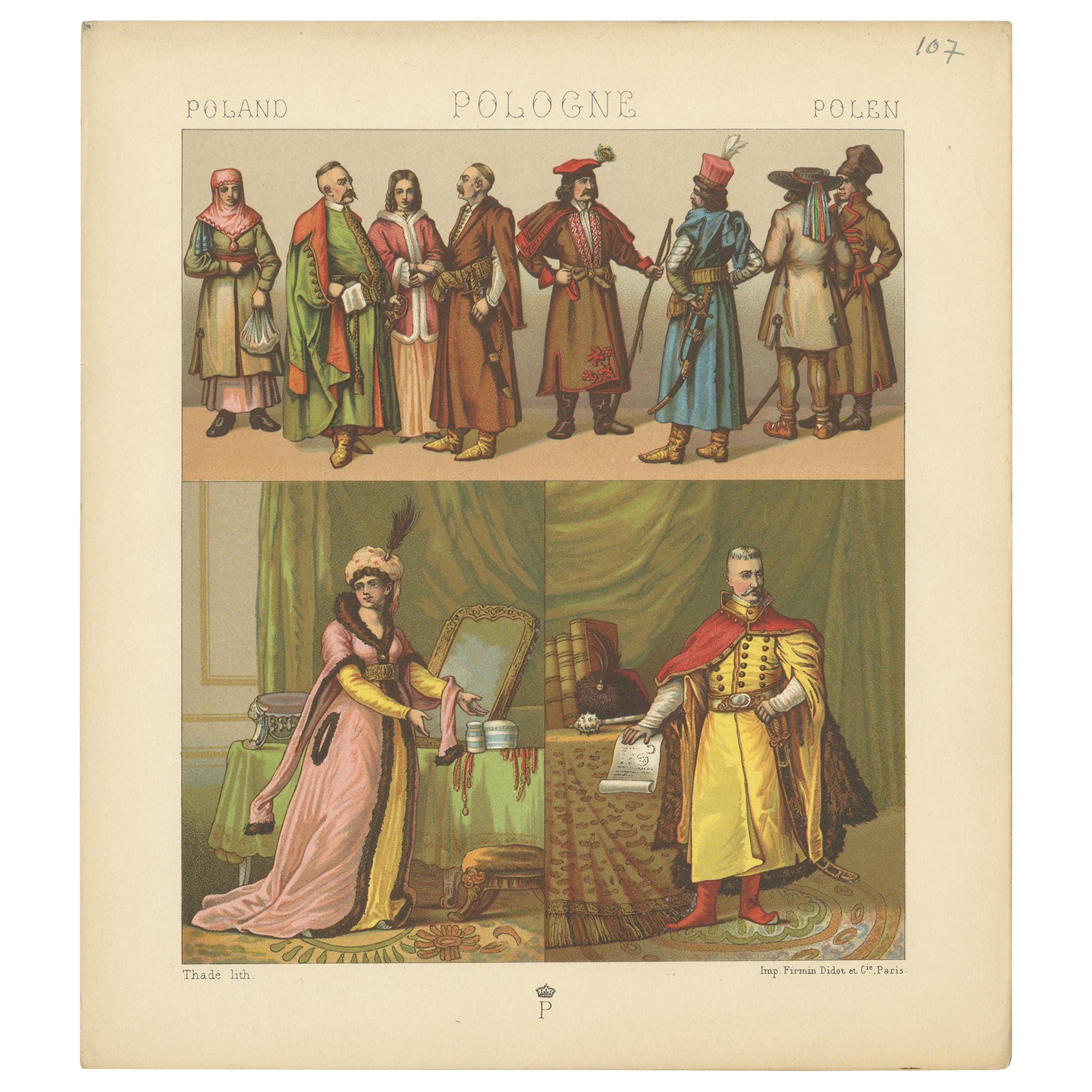 Antique Print of Polish Costumes Racinet, 'circa 1880' For Sale