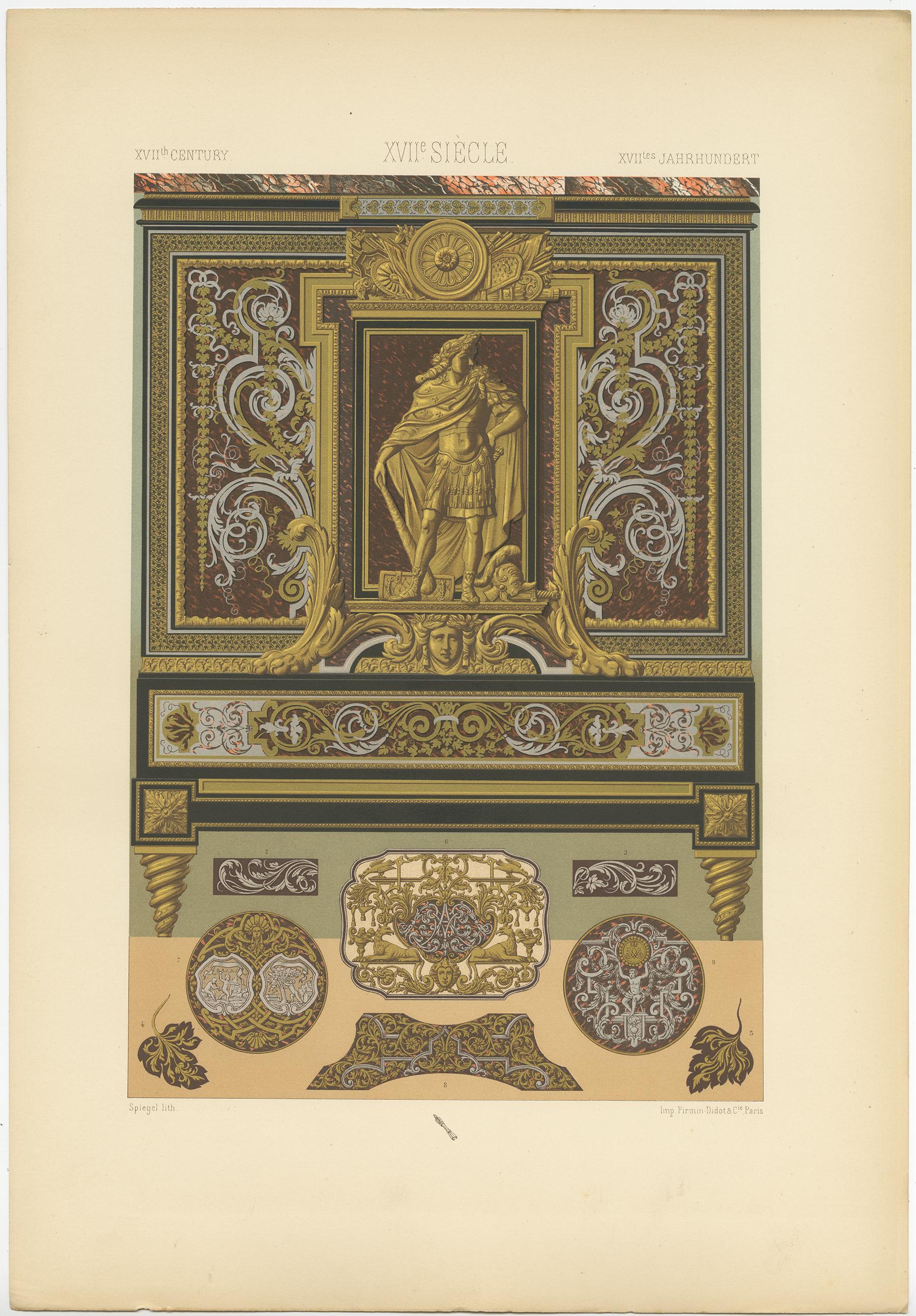 Antique print titled '17th Century - XVIIc Siècle - XVIILes Jahrhundert'. Chromolithograph of metallic inlay from furniture, France ornaments. This print originates from 'l'Ornement Polychrome' by Auguste Racinet. Published, circa 1890.
