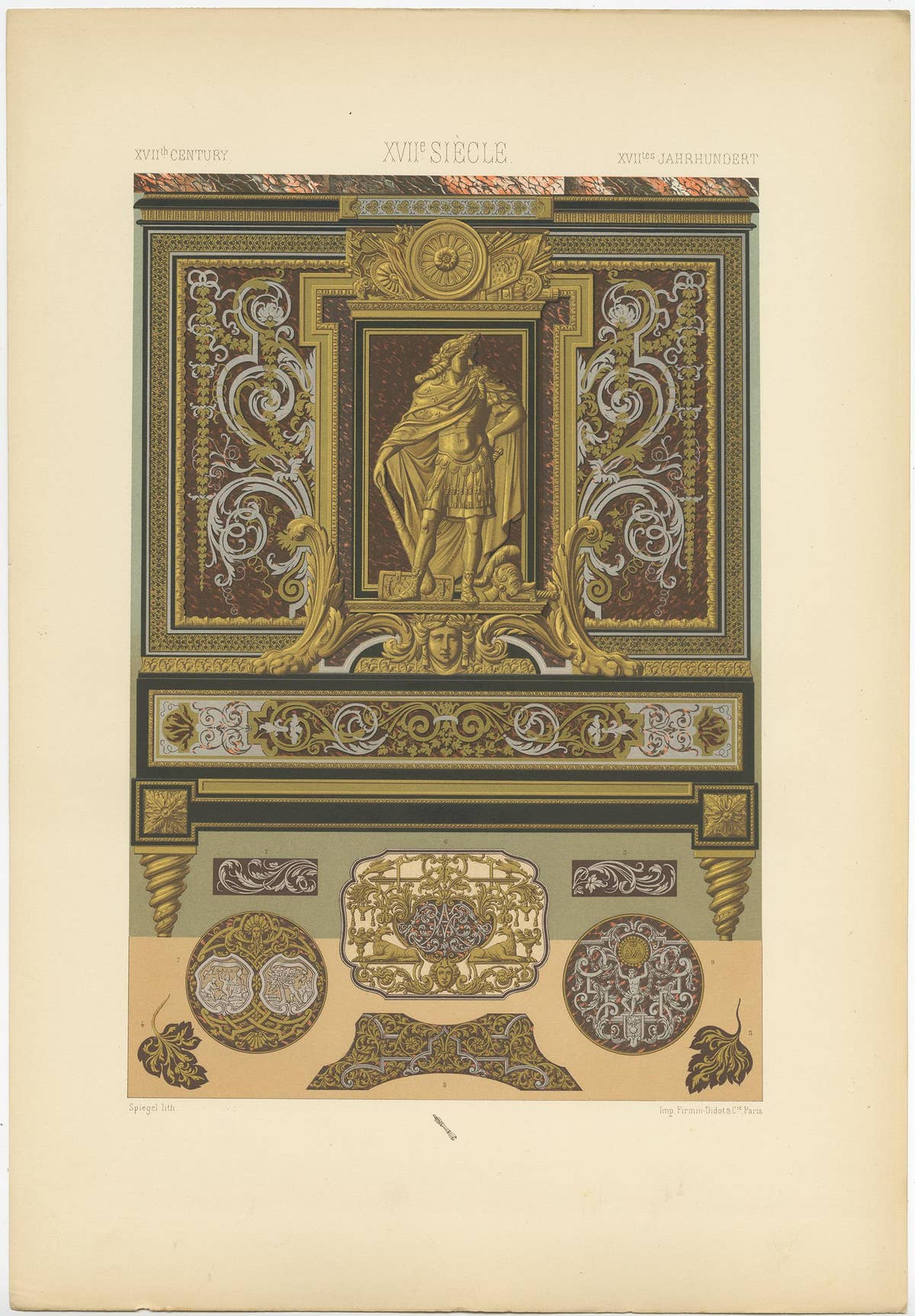 Pl. 108 Antique Print of 17th Century Metallic Inlay by Racinet, circa 1890