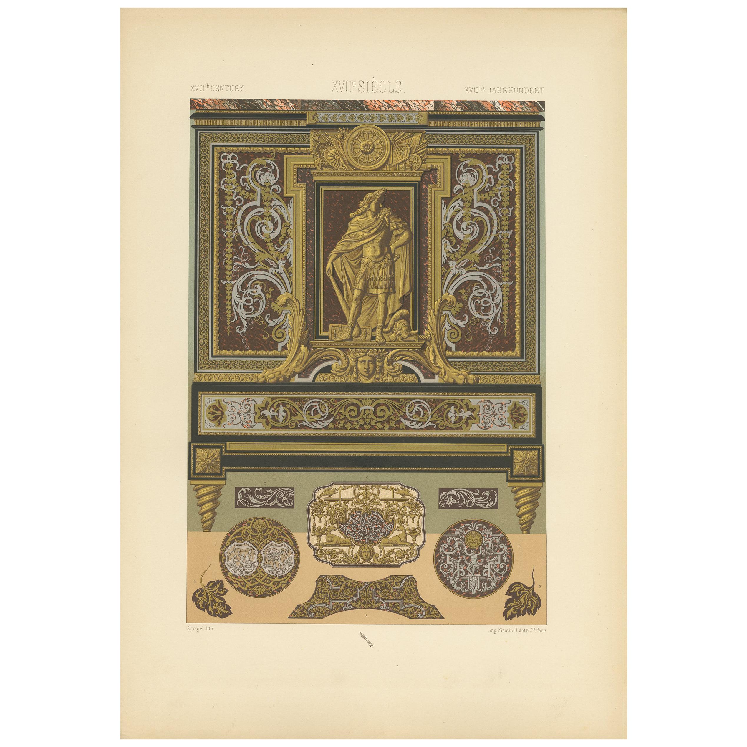Pl. 108 Antique Print of 17th Century Metallic Inlay by Racinet, circa 1890