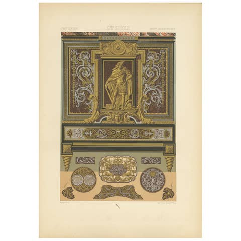 Pl. 108 Antique Print of 17th Century Metallic Inlay by Racinet, circa 1890