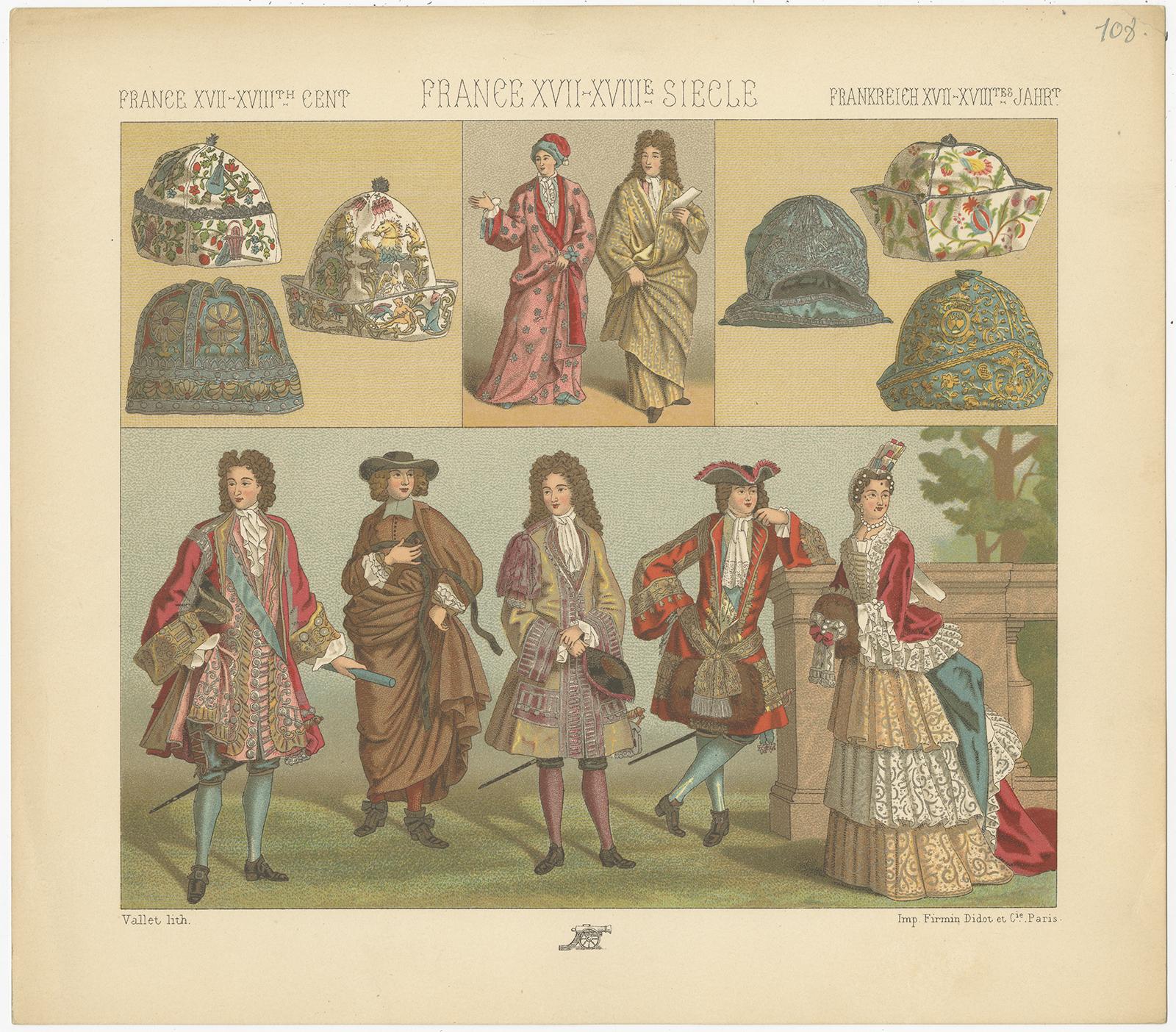 Antique print titled 'France XVII, XVIIIth Cent - France XVII, XVIIIe Siecle - Frankreich XVII, XVIIItes Jahr'. Chromolithograph of French 17th-18th century costumes. This print originates from 'Le Costume Historique' by M.A. Racinet. Published