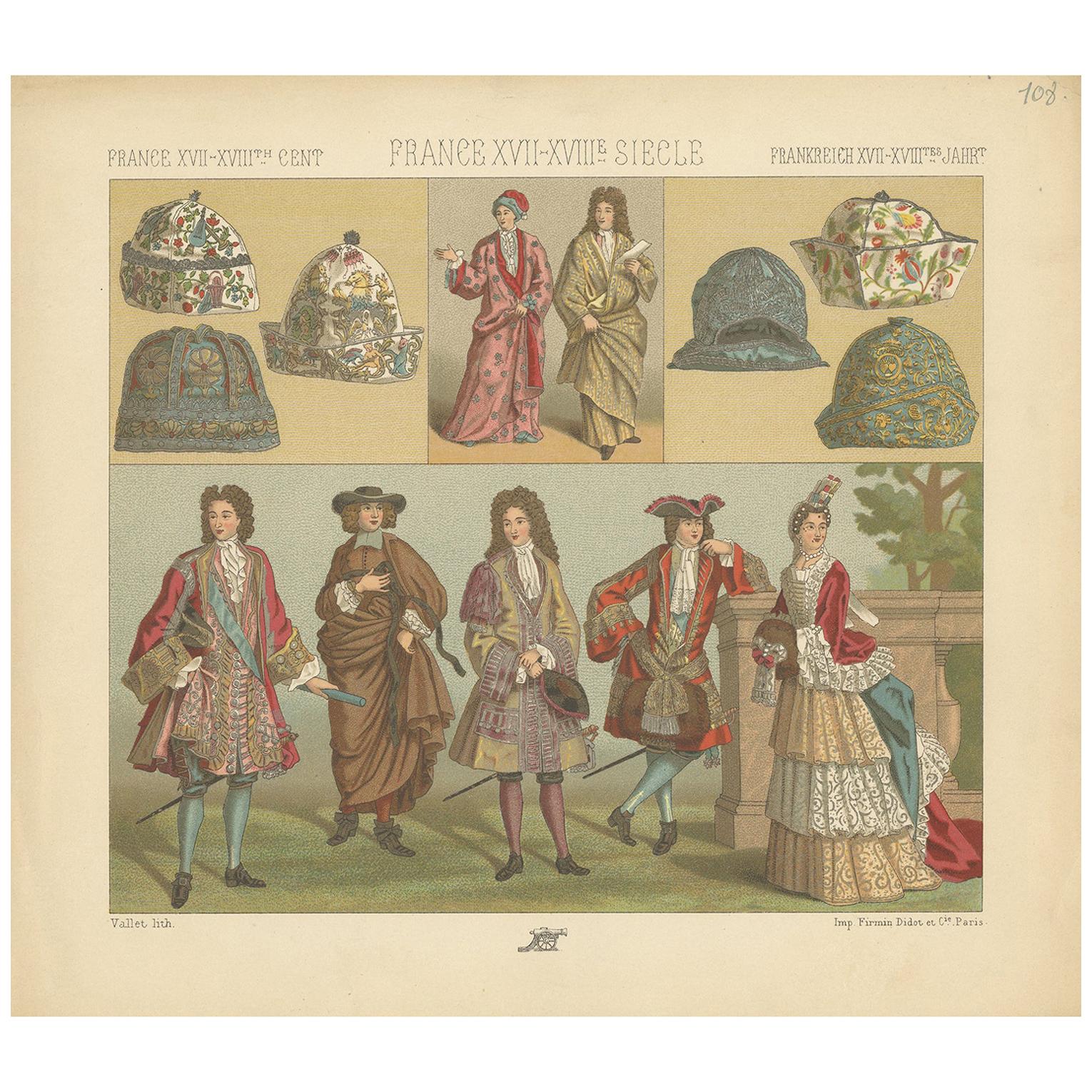 Pl. 108 Impression ancienne de costumes françaises du XVIIe au XVIIIe siècle par Racinet en vente
