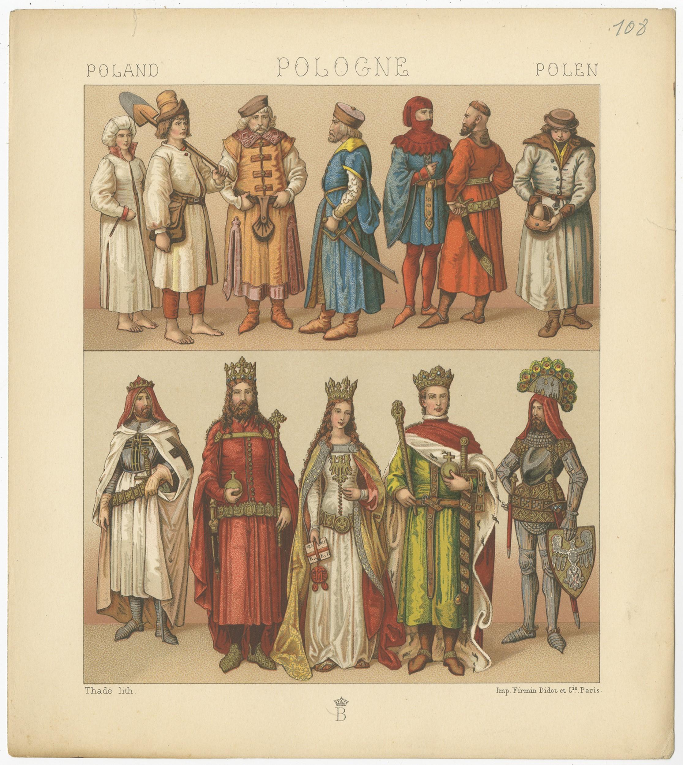 Antique print titled 'Poland - Pologne - Polen'. Chromolithograph of Polish Costumes. This print originates from 'Le Costume Historique' by M.A. Racinet. Published, circa 1880.