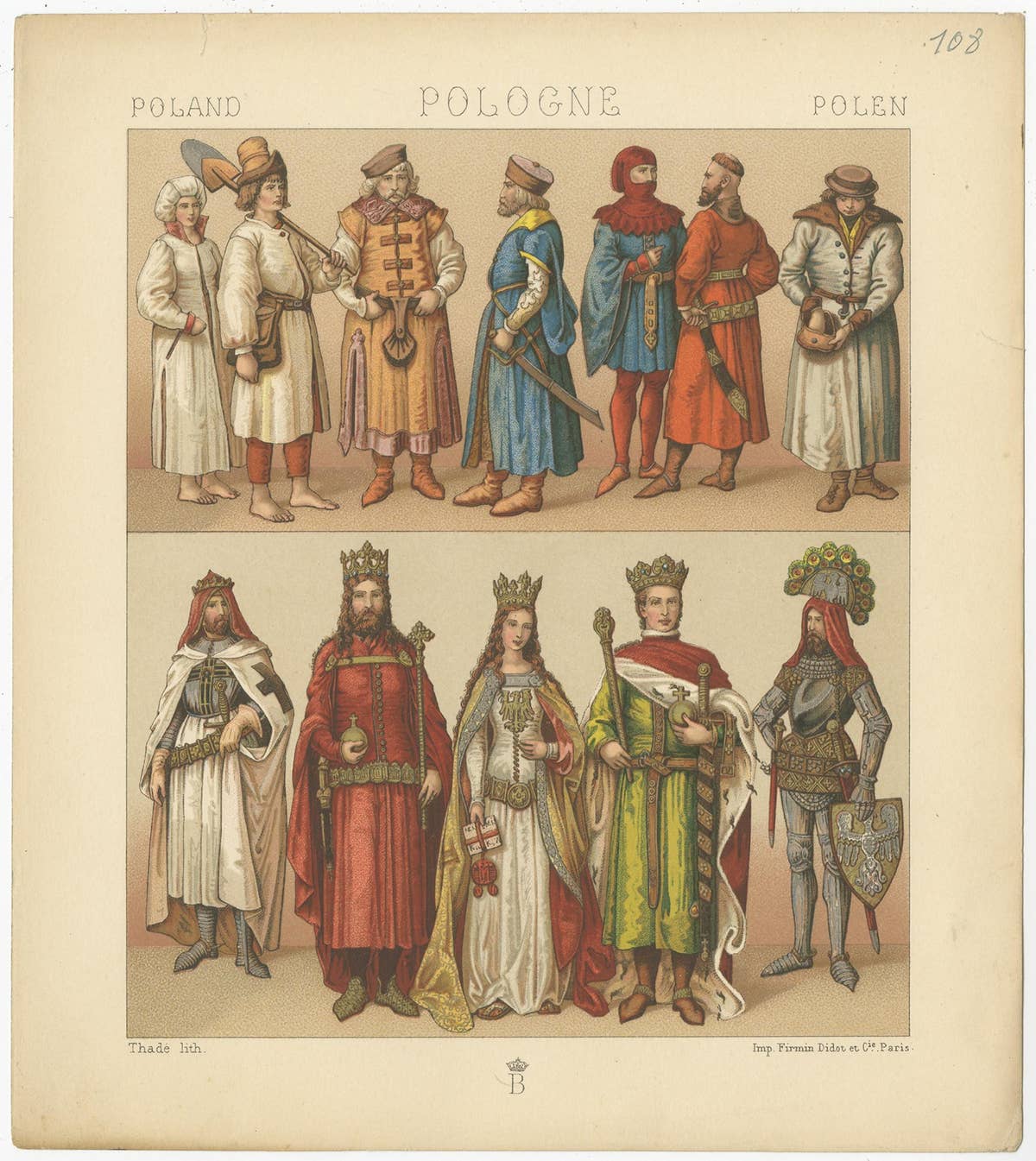 Antique Print of Polish Costumes Racinet, 'circa 1880'