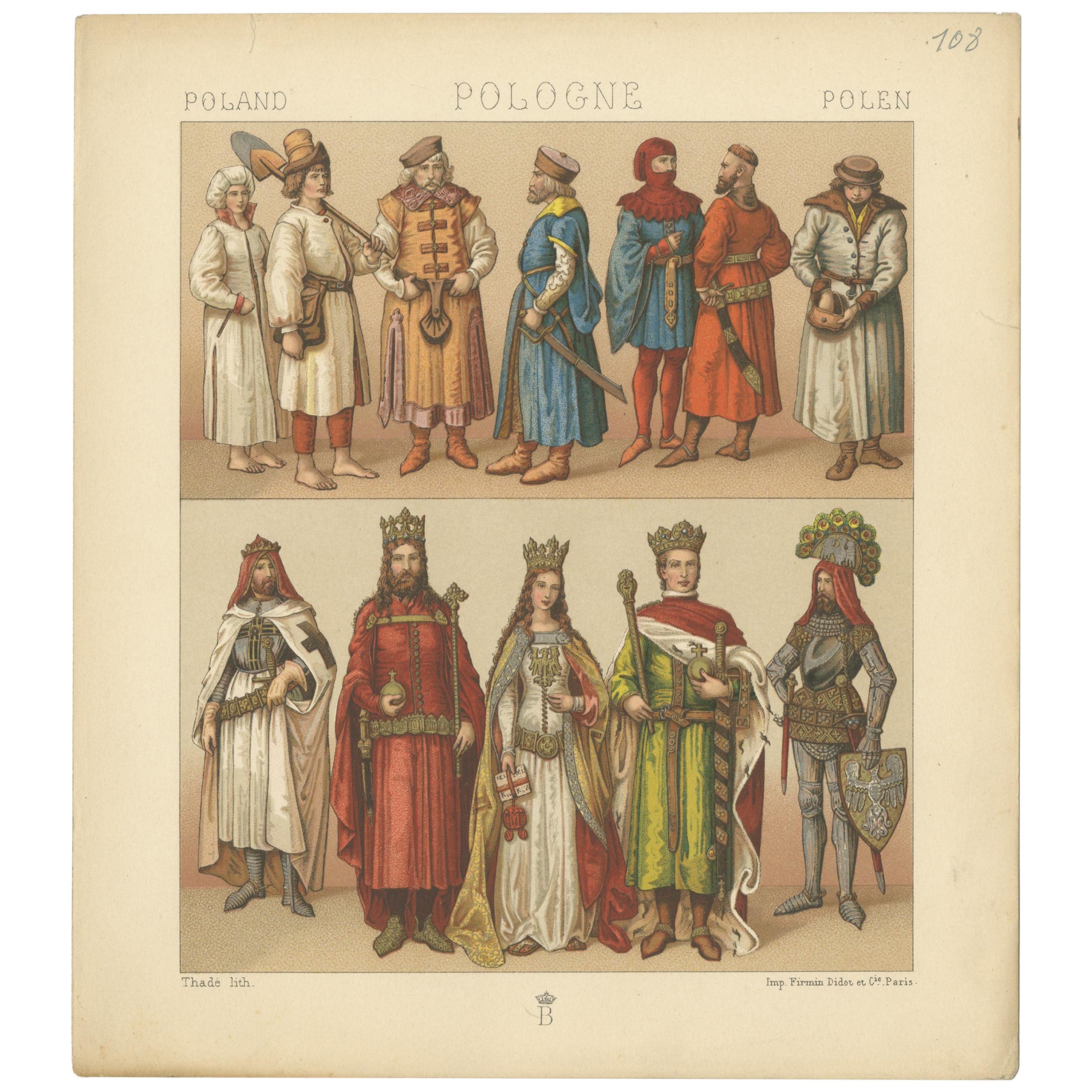 Antique Print of Polish Costumes Racinet, 'circa 1880' For Sale