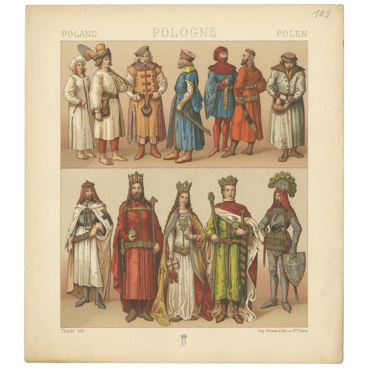 Antique Print of Polish Costumes Racinet, 'circa 1880'