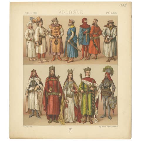 Antique Print of Polish Costumes Racinet, 'circa 1880'
