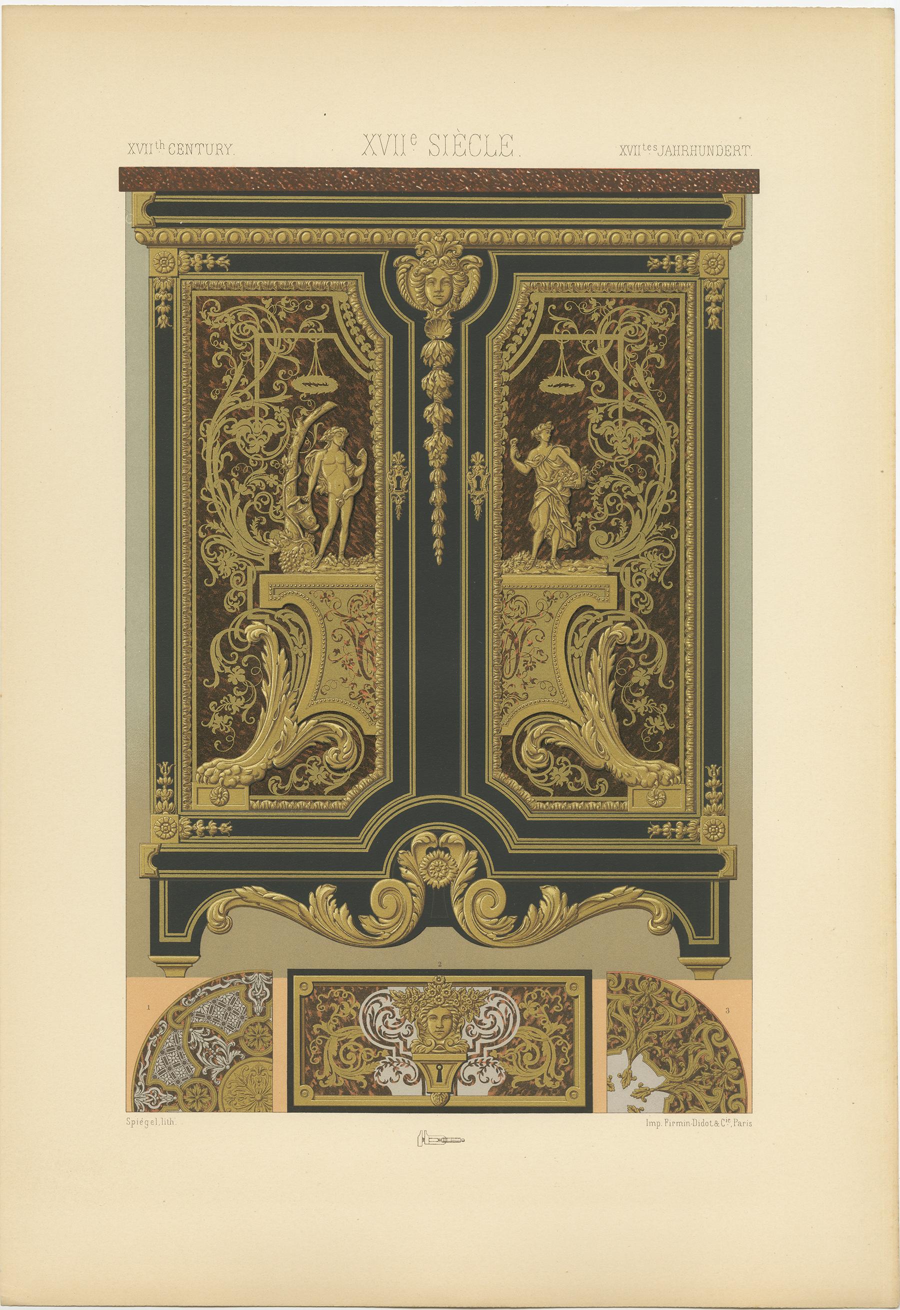 Antique print titled '17th Century - XVIIc Siècle - XVIILes Jahrhundert'. Chromolithograph of metallic inlay from furniture, France ornaments. This print originates from 'l'Ornement Polychrome' by Auguste Racinet. Published circa 1890.