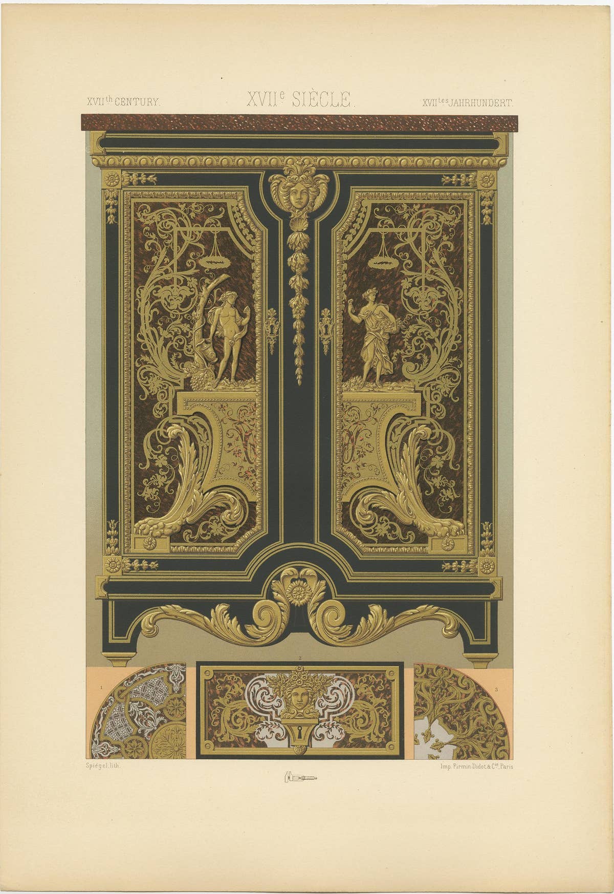 Pl. 109 Antique Print of 17th Century Metallic Inlay by Racinet, circa 1890