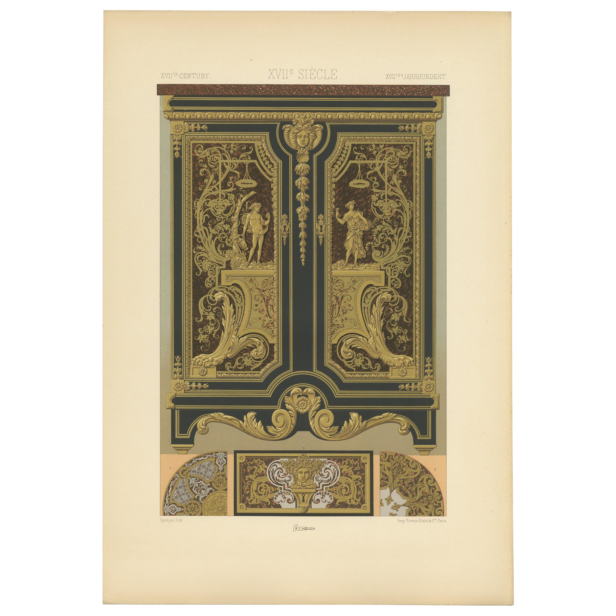 Pl. 109 Antique Print of 17th Century Metallic Inlay by Racinet, circa 1890