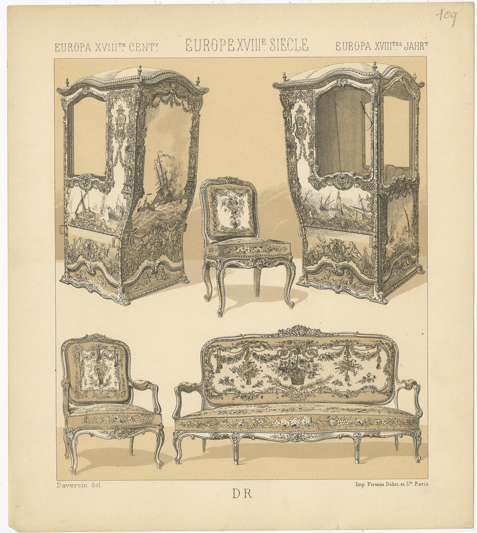 Antique print titled 'Europa XVIIIth Cent - Europe XVIIIe, Siecle - Europa XVIIItes Jahr'. Chromolithograph of European 18th century furniture. This print originates from 'Le Costume Historique' by M.A. Racinet. Published circa 1880.