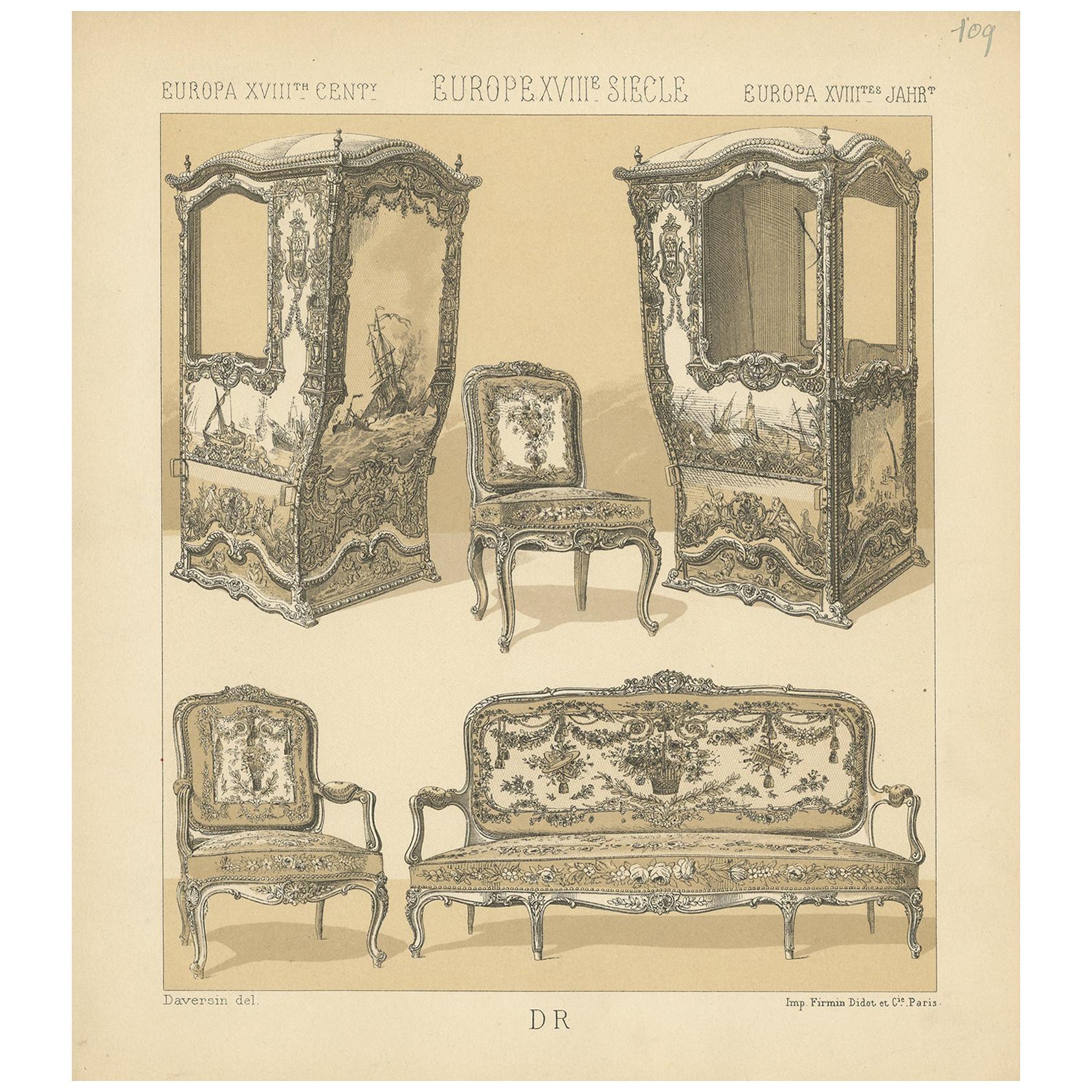 Pl. 109 Antique Print of European XVIIIth Century Furniture by Racinet For Sale