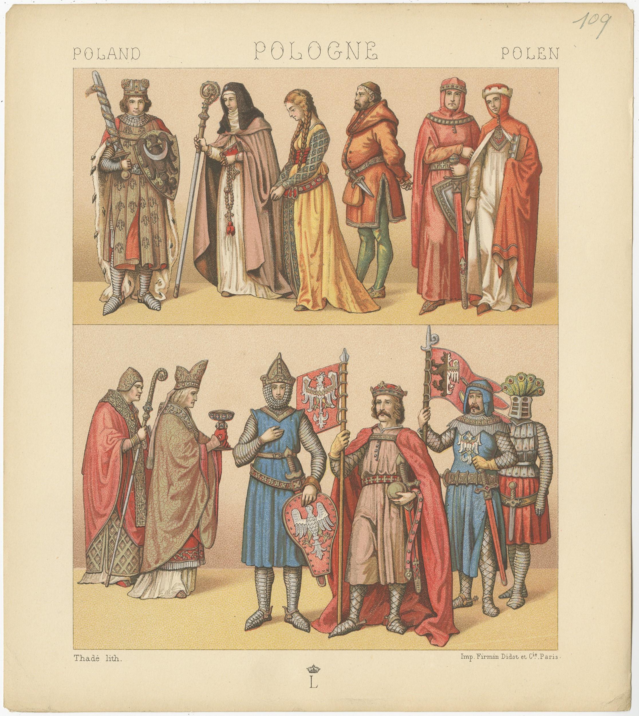 Antique print titled 'Poland - Pologne - Polen'. Chromolithograph of Polish Royalty's and Servants. This print originates from 'Le Costume Historique' by M.A. Racinet. Published, circa 1880.