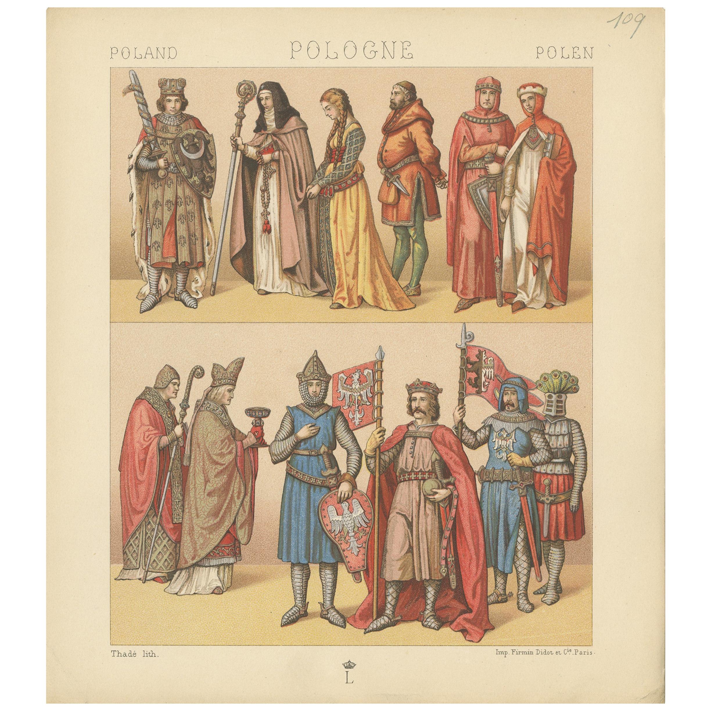 Pl. 109 Antique Print of Polish Royalty's and Servants Racinet, 'circa 1880' For Sale