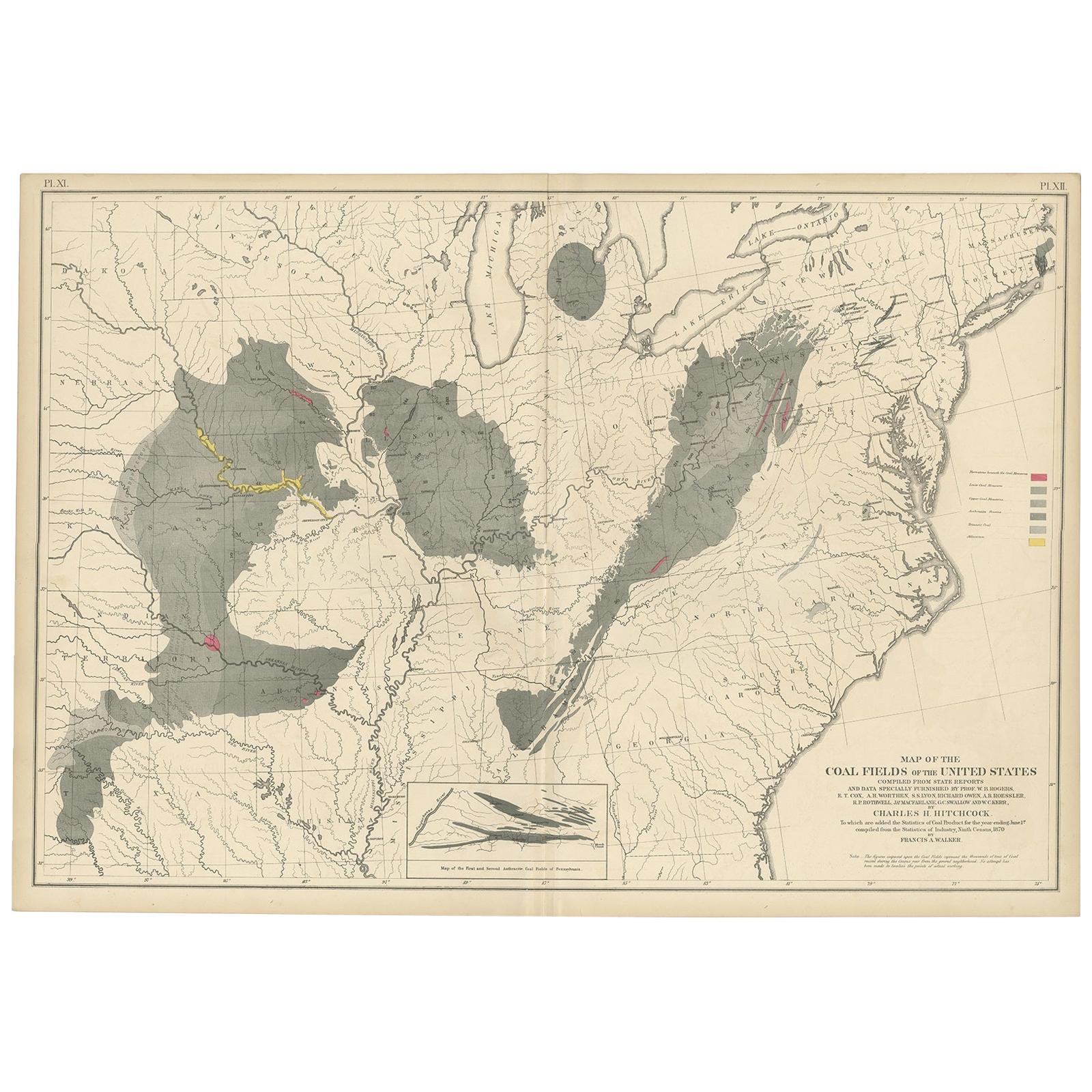 Antique Map of the Coal Fields of the United States by Walker '1874'