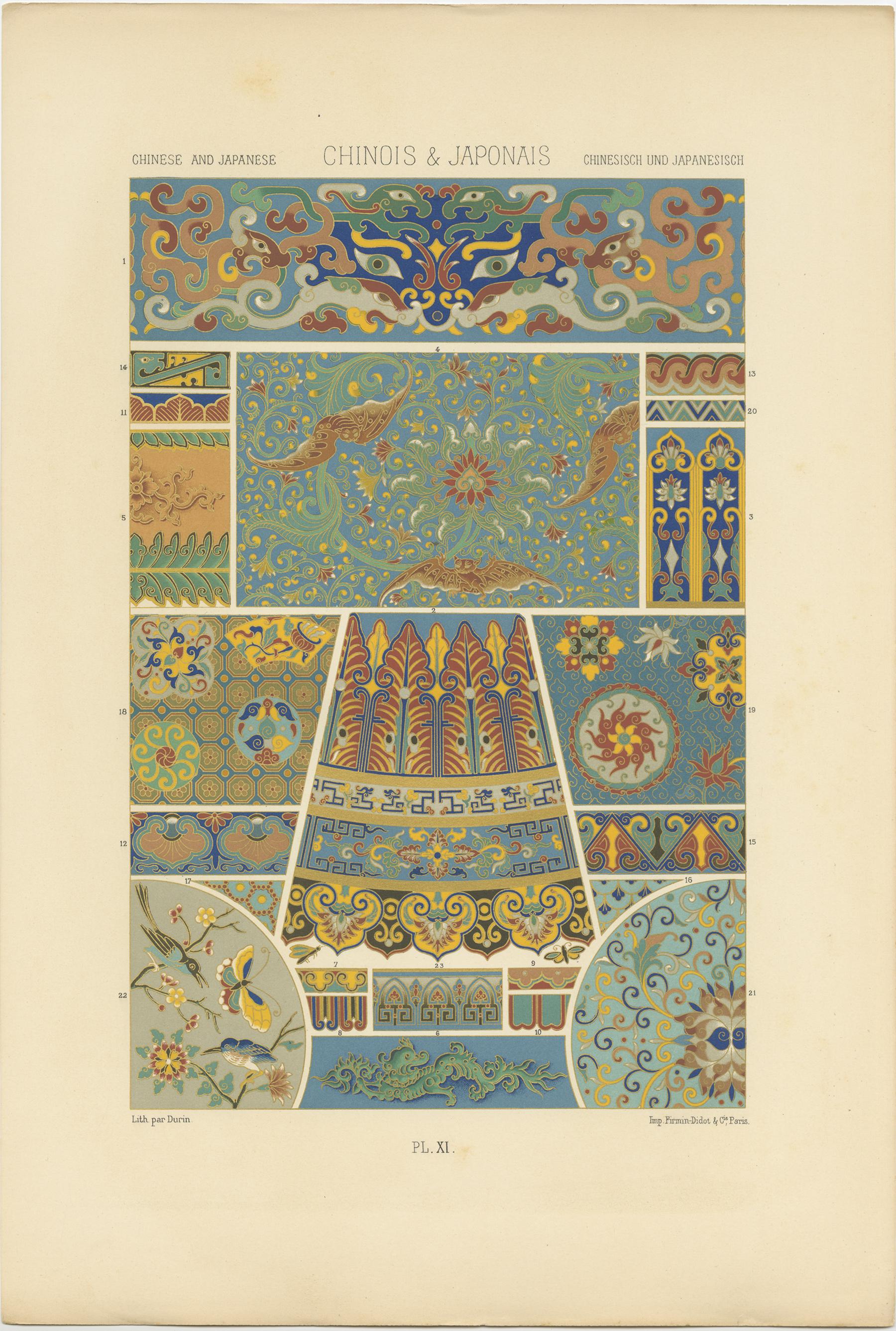 Antique print titled 'Chinese and Japanese - Chinois & Japonais - Chinesisch und Japanesisch'. Chromolithograph of Chinese and Japanese ornaments and decorative arts. This print originates from 'l'Ornement Polychrome' by Auguste Racinet. Published