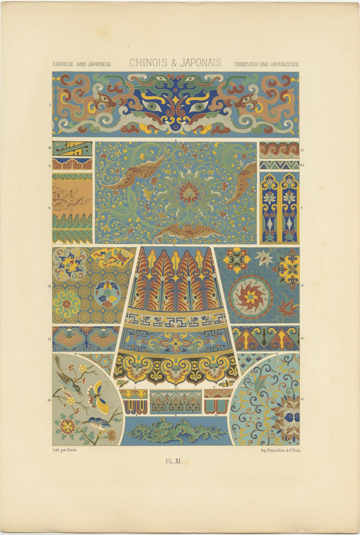 Pl. 11 Antique Print of Chinese and Japanese Ornaments by Racinet, circa 1890