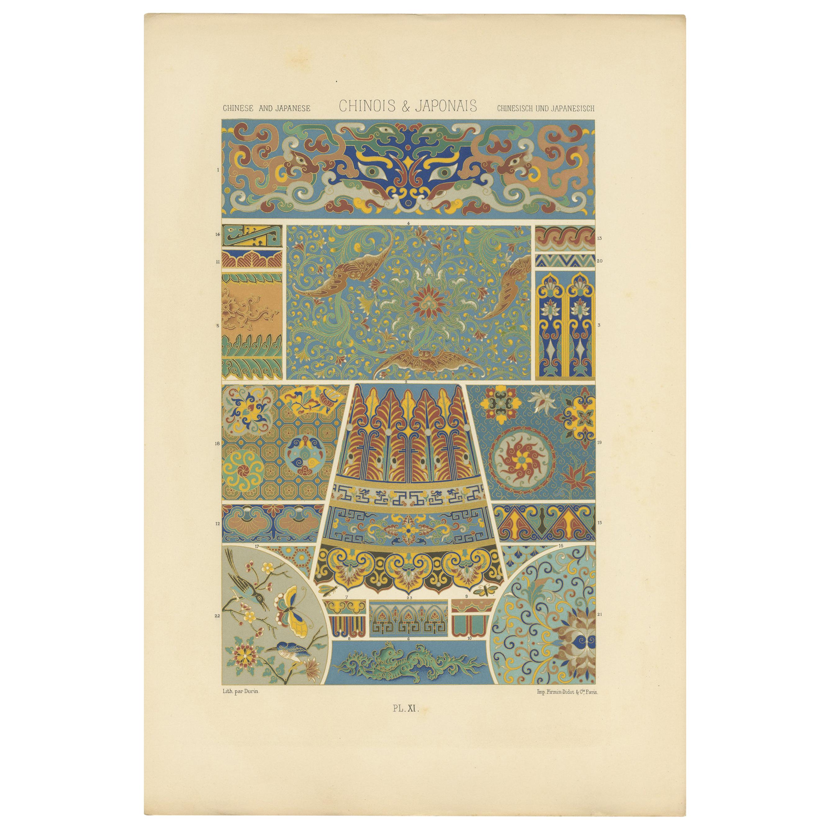 Pl. 11 Antique Print of Chinese and Japanese Ornaments by Racinet, circa 1890 For Sale
