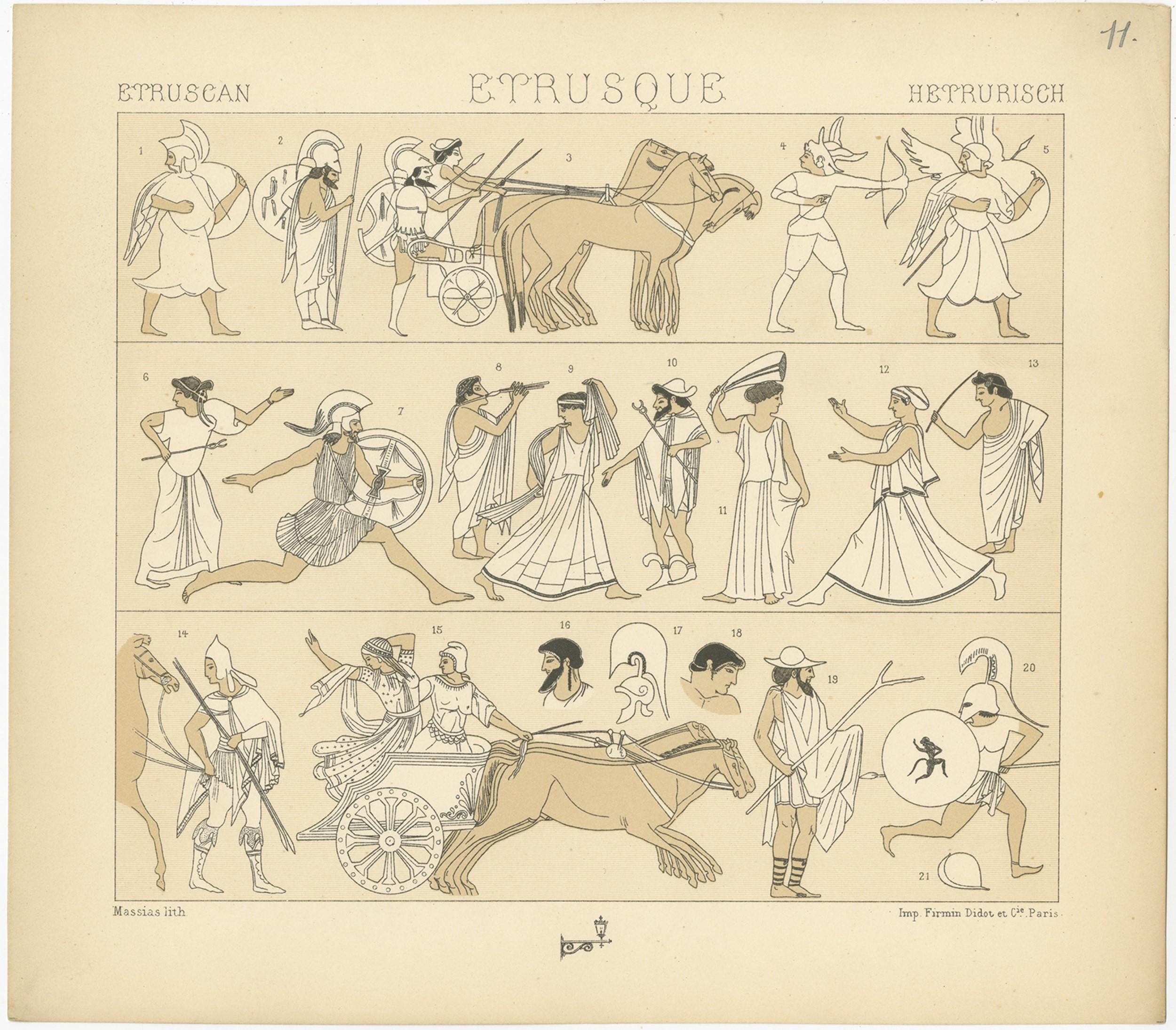 Antique print titled 'Etruscan - Etrusque - Hetrurisch'. Chromolithograph of Etruscan Scenes. This print originates from 'Le Costume Historique' by M.A. Racinet. Published, circa 1880.
 
   