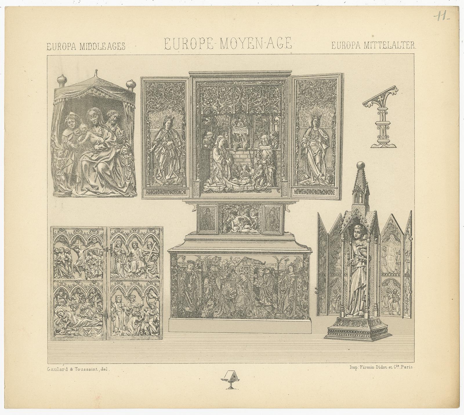 Antique print titled 'Europa Middle Ages - Europe Moyen Age - Europa Mittelalter'. Chromolithograph of European Decorative Objects. This print originates from 'Le Costume Historique' by M.A. Racinet. Published, circa 1880.
