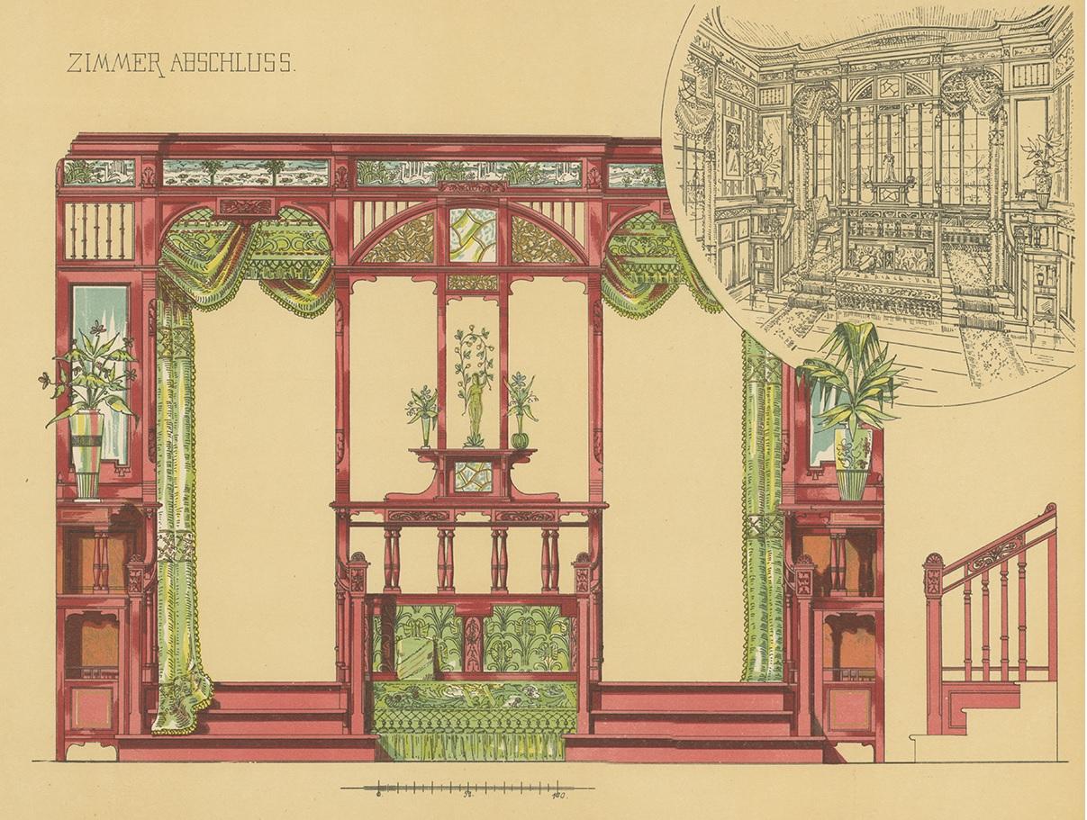 Grabado antiguo titulado 'Zimmer Abschluss'. Litografía de muebles de habitación. Este grabado procede de 