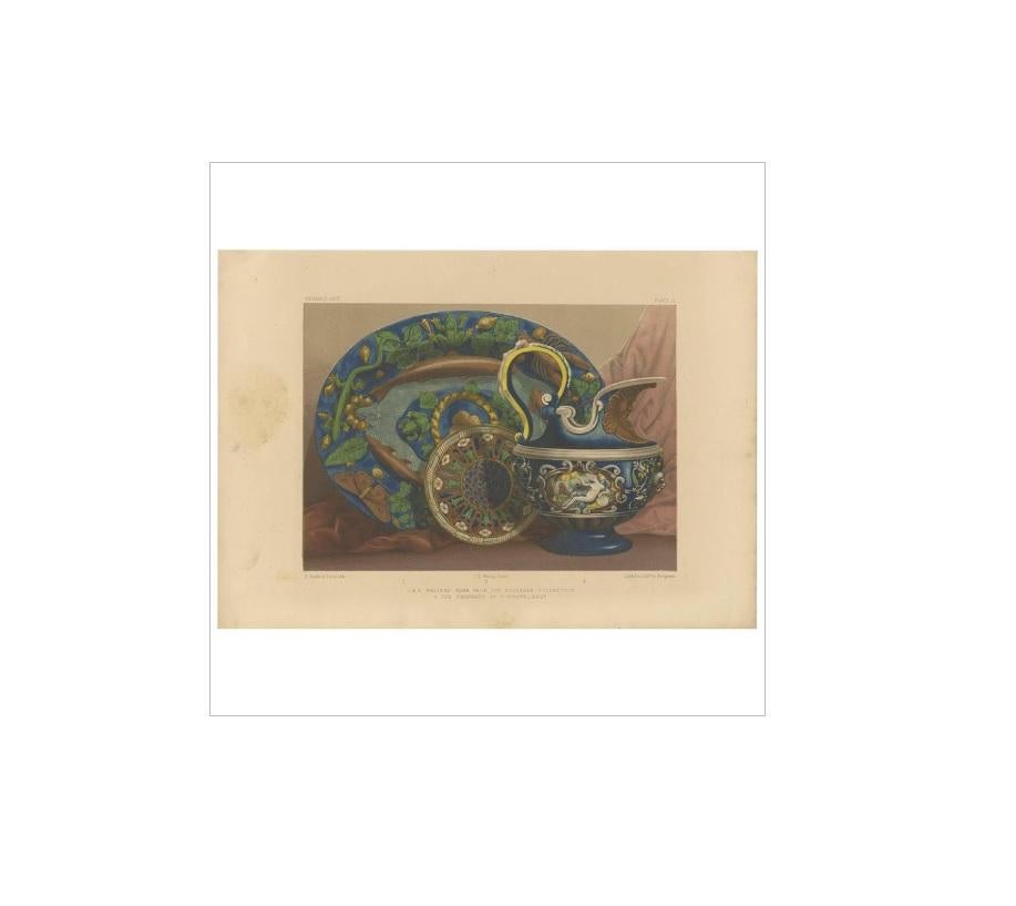 Antique print titled ‘Palissy Ware from the Soulages collection'. Lithograph of Palissy ware, a 19th-century term for ceramics produced in the style of the famous French potter Bernard Palissy (c. 1510–90). This print originates from ‘Examples of