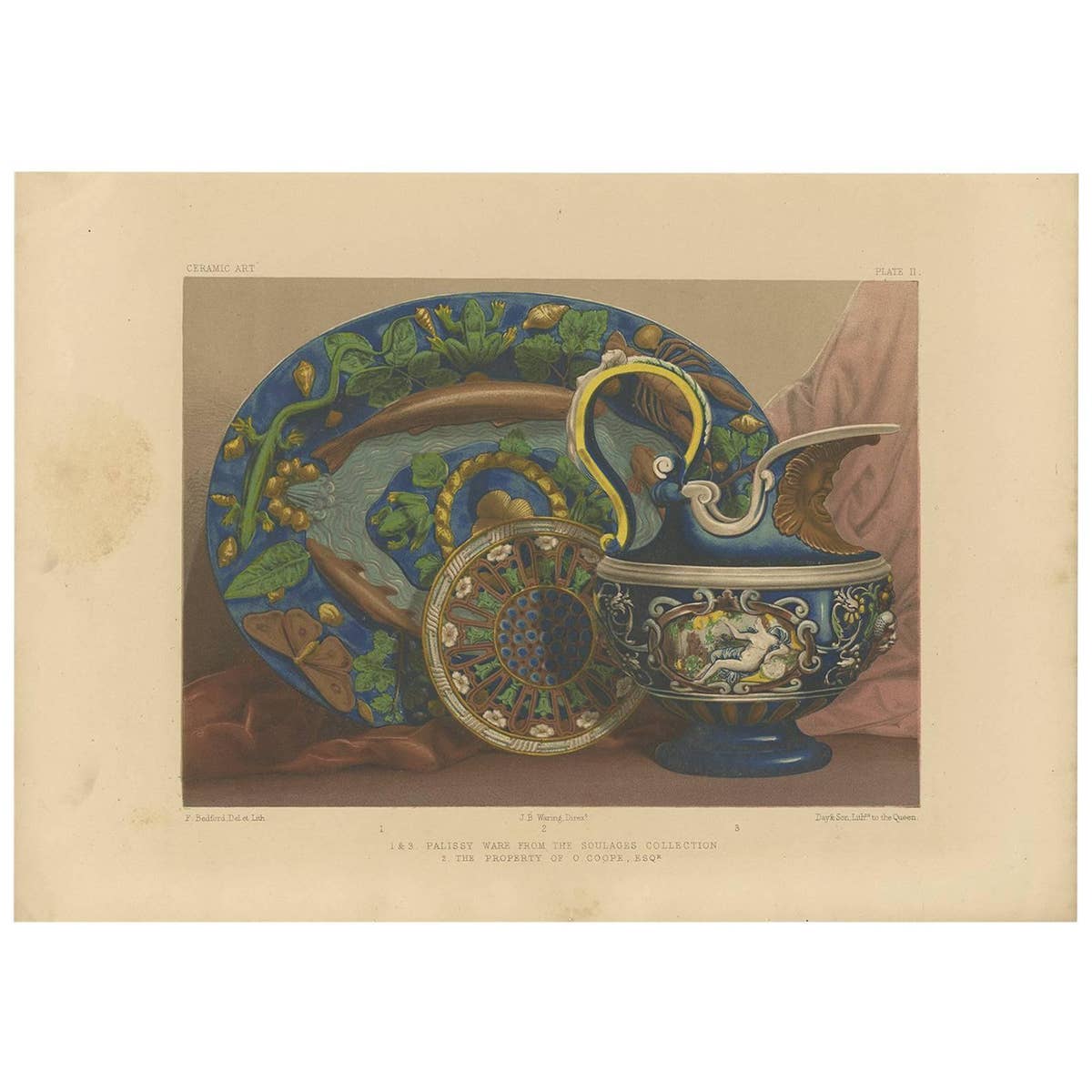 Antique Lithograph Print of Palissy Ware, Circa 1857