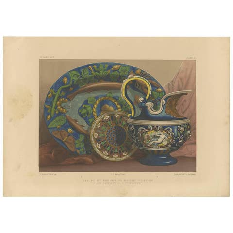 Antique Lithograph Print of Palissy Ware, Circa 1857