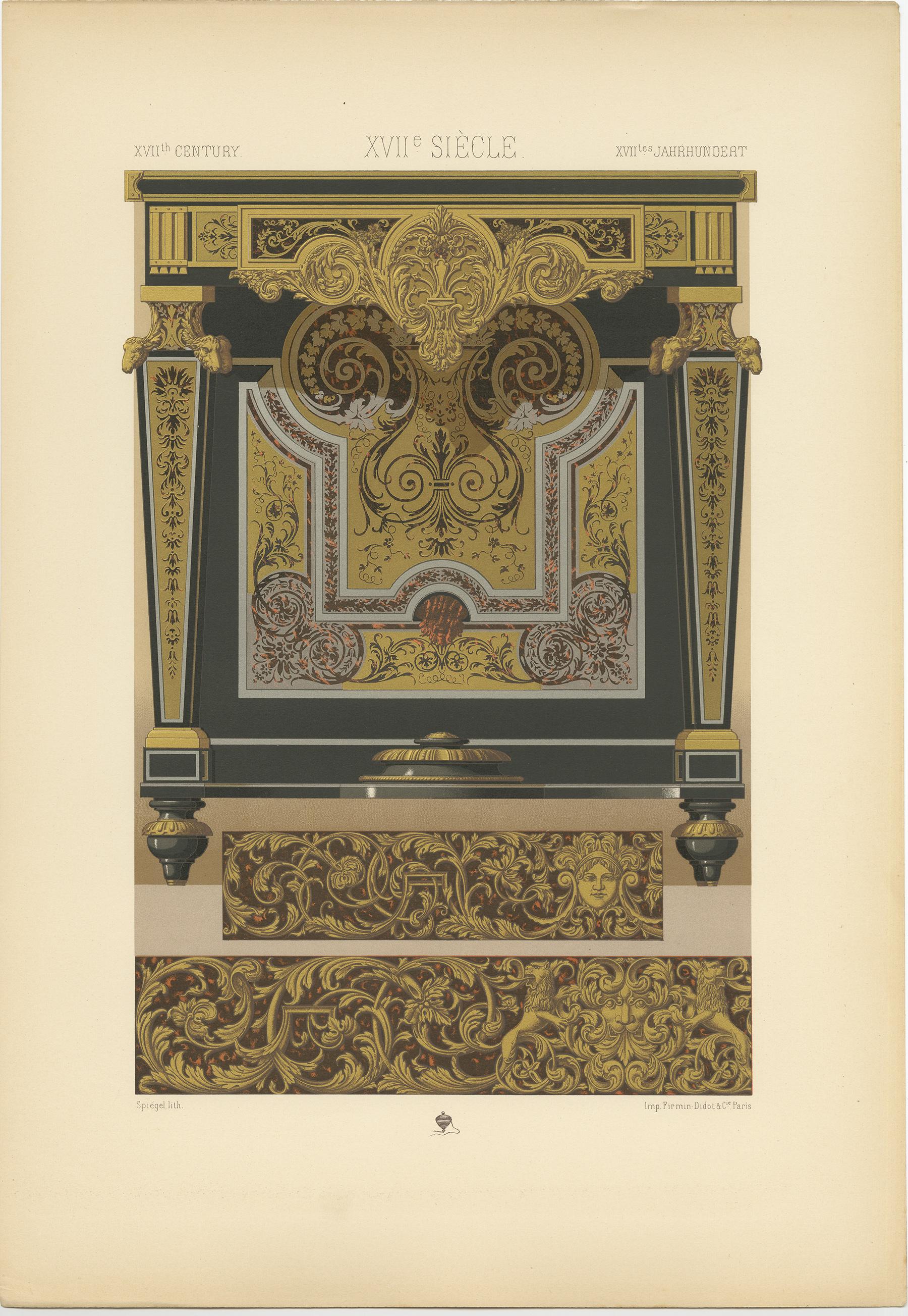 Antique print titled '17th Century - XVIIc Siècle - XVIILes Jahrhundert'. Chromolithograph of console table by Charles - Andre Boulle with metallic inlay ornaments. This print originates from 'l'Ornement Polychrome' by Auguste Racinet. Published,