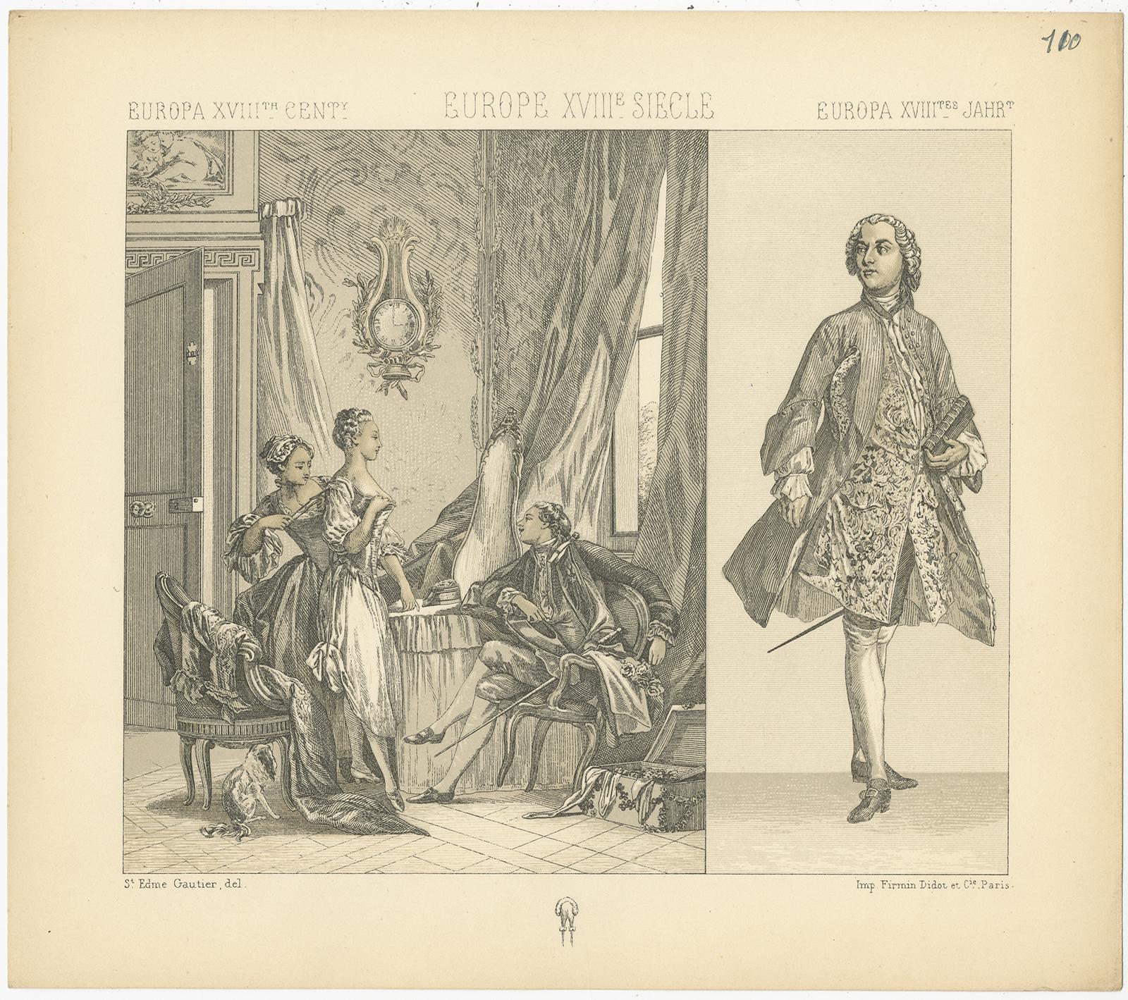 19th Century Pl. 110 Antique Print of European 18th Century Costumes by Racinet, circa 1880 For Sale