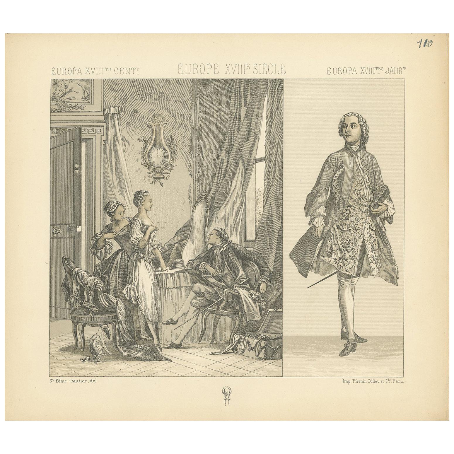 Pl. 110 Antique Print of European 18th Century Costumes by Racinet, circa 1880 For Sale