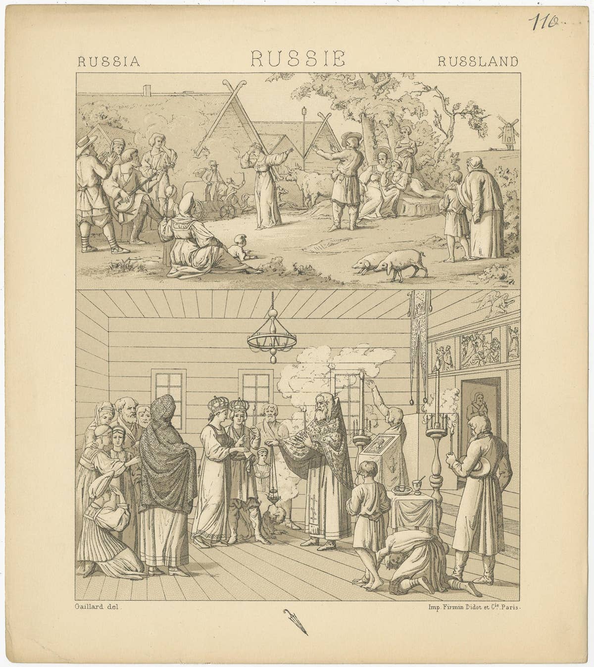 Pl. 110 Antique Print of Russian Scenes Racinet, 'circa 1880'