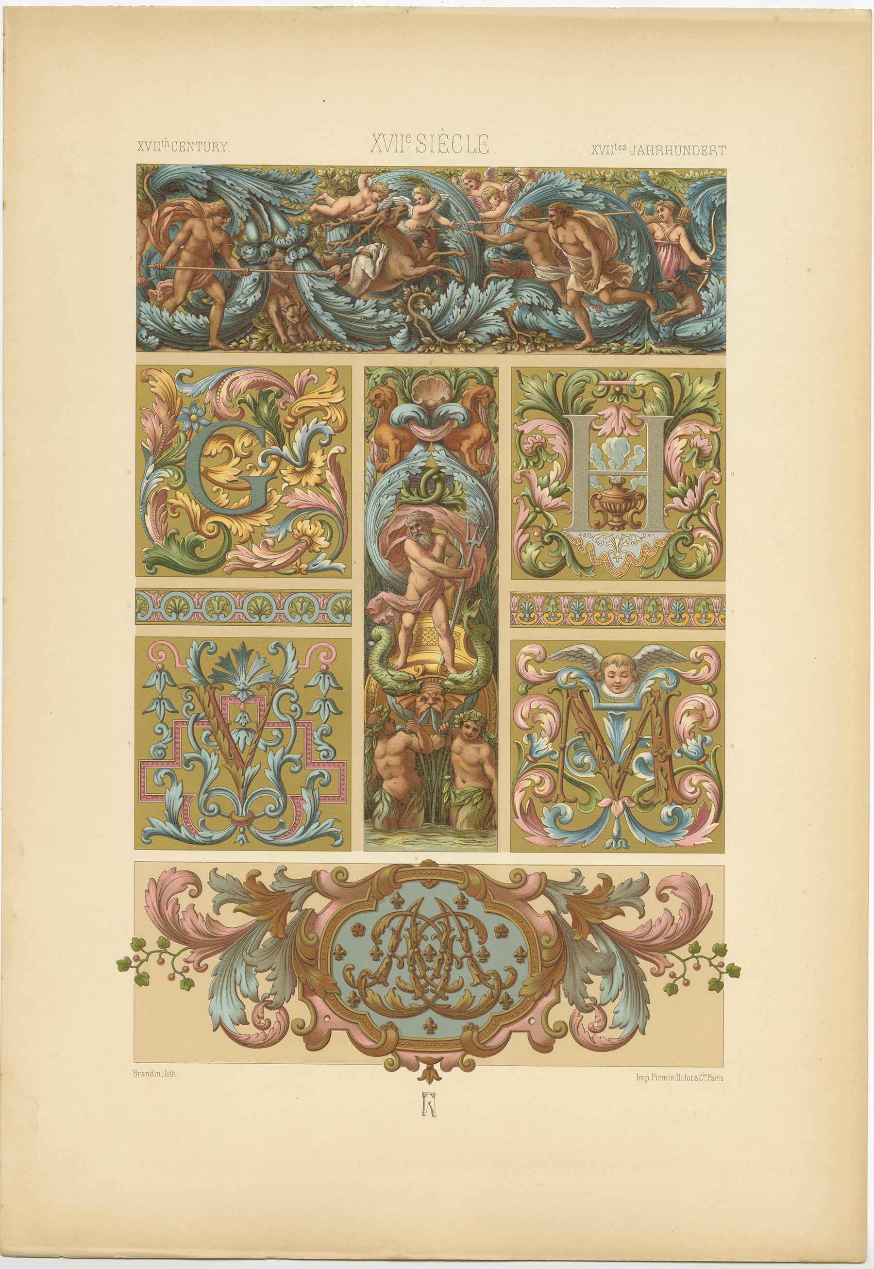 Antique print titled '17th Century - XVIIc Siècle - XVIILes Jahrhundert'. Chromolithograph of from interior décor and illuminated choir books, France ornaments. This print originates from 'l'Ornement Polychrome' by Auguste Racinet. Published circa
