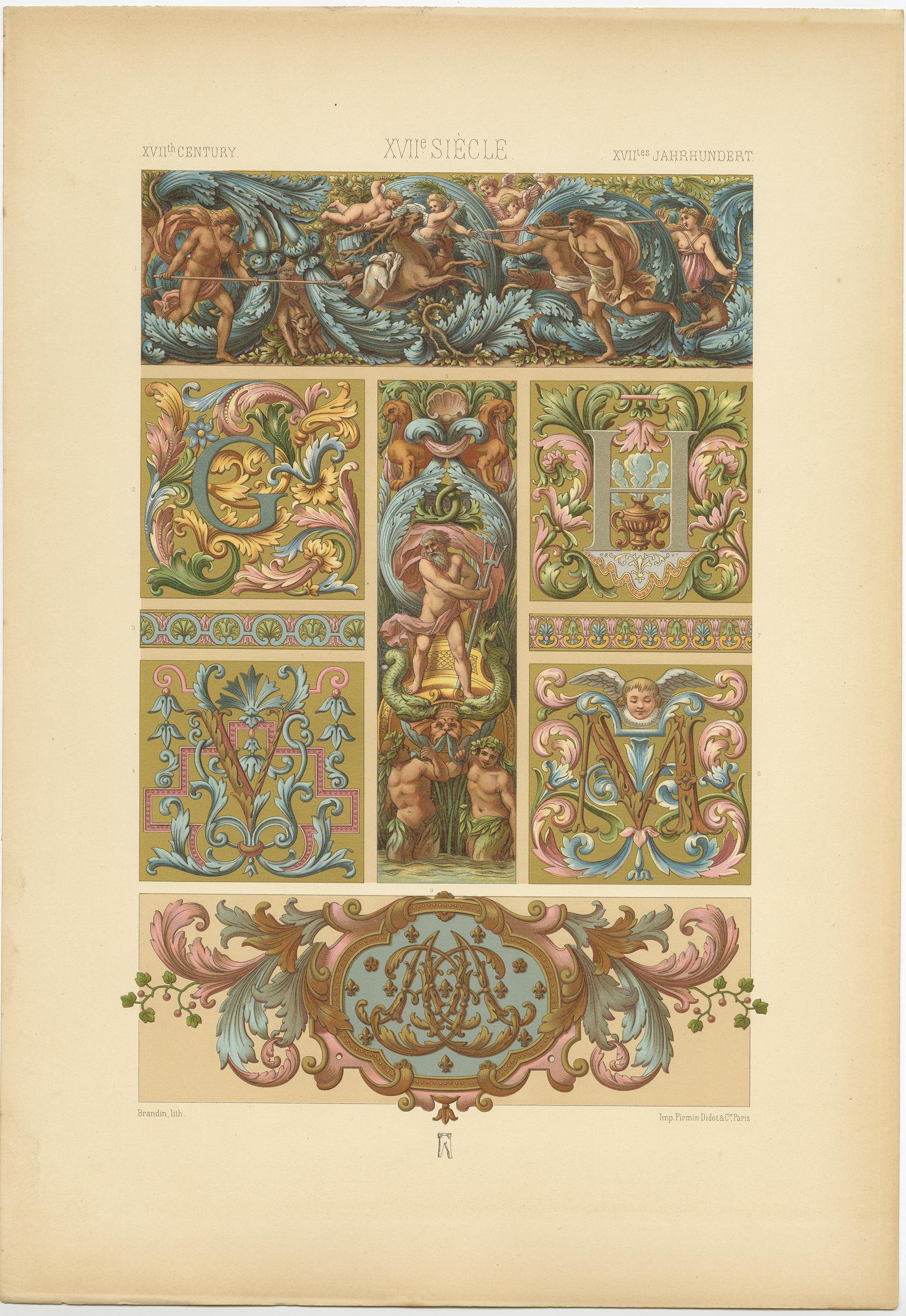 XIX secolo Pl. 111 Stampa antica del 17° secolo da un arredamento di Racinet, circa 1890 in vendita