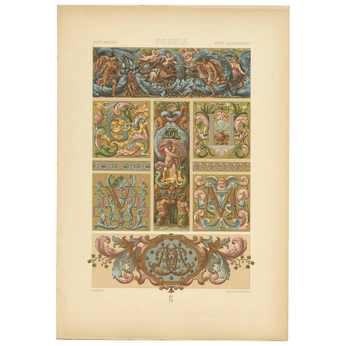 Pl. 111 Antique Print of 17th Century from Interior Decor by Racinet, circa 1890
