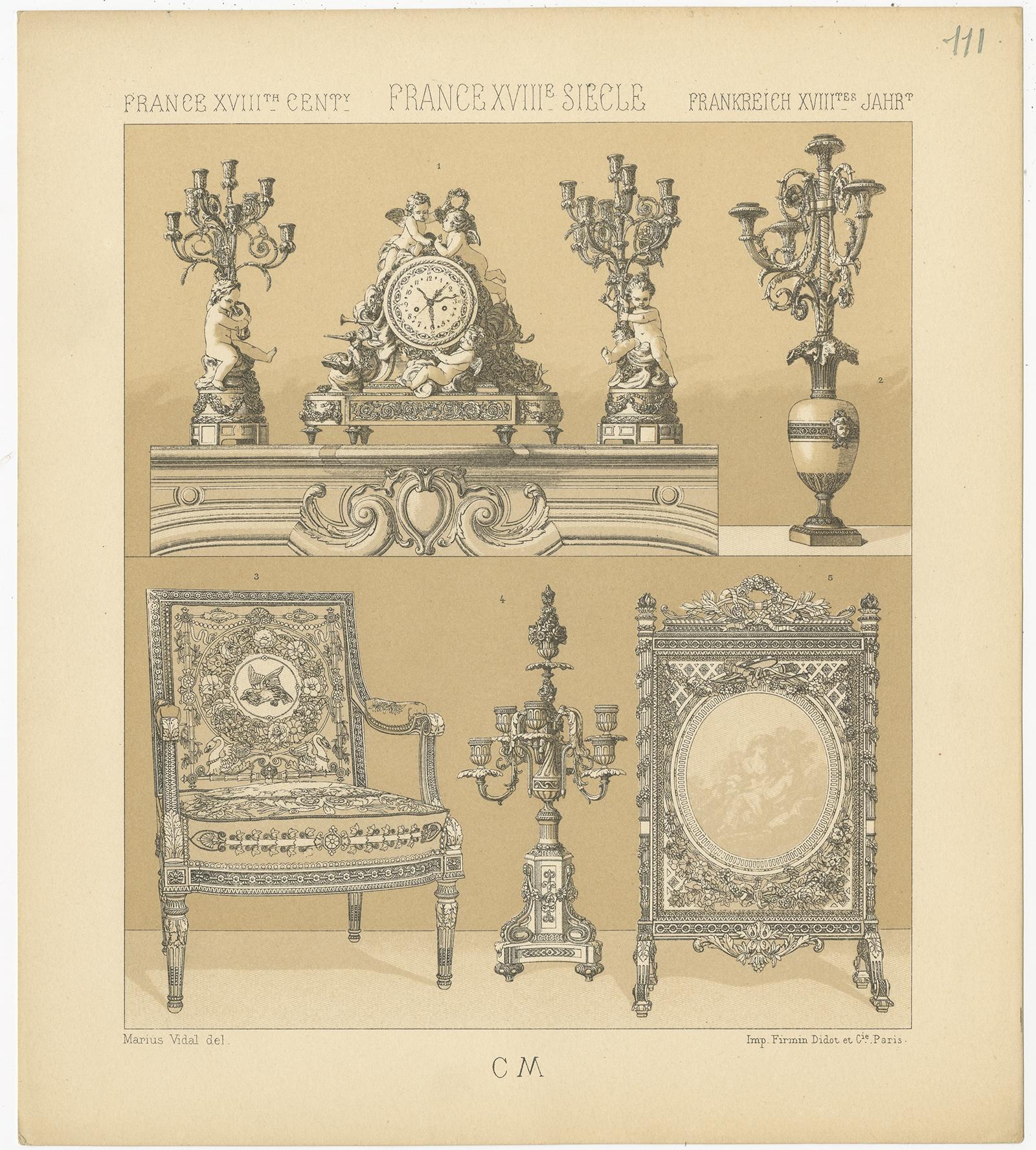 Antique print titled 'France XVIIIth Cent - France XVIIIe, Siecle - Frankreich XVIIItes Jahr'. Chromolithograph of French 18th century decorative. This print originates from 'Le Costume Historique' by M.A. Racinet. Published, circa 1880.