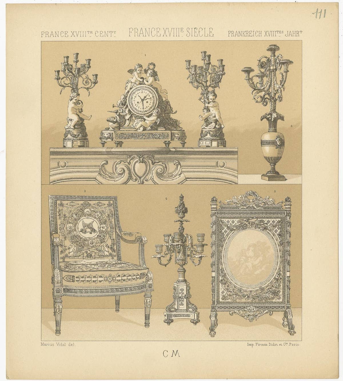 Pl 111 Antique Print of French 18th Century Decorative Objects by Racinet